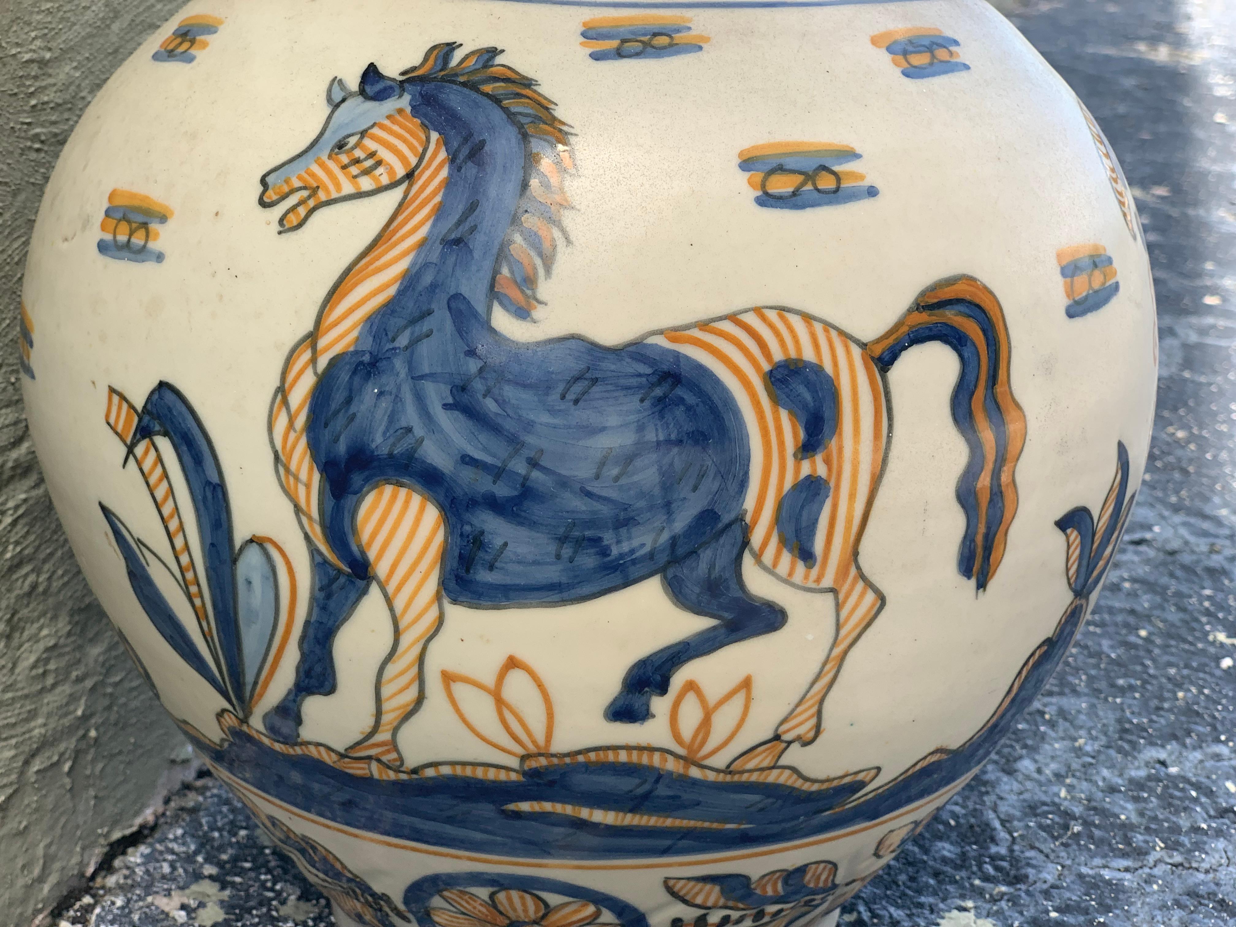 Striking Continental Glazed Earthenware Blue and Yellow Painted Urn, Talavera For Sale 2