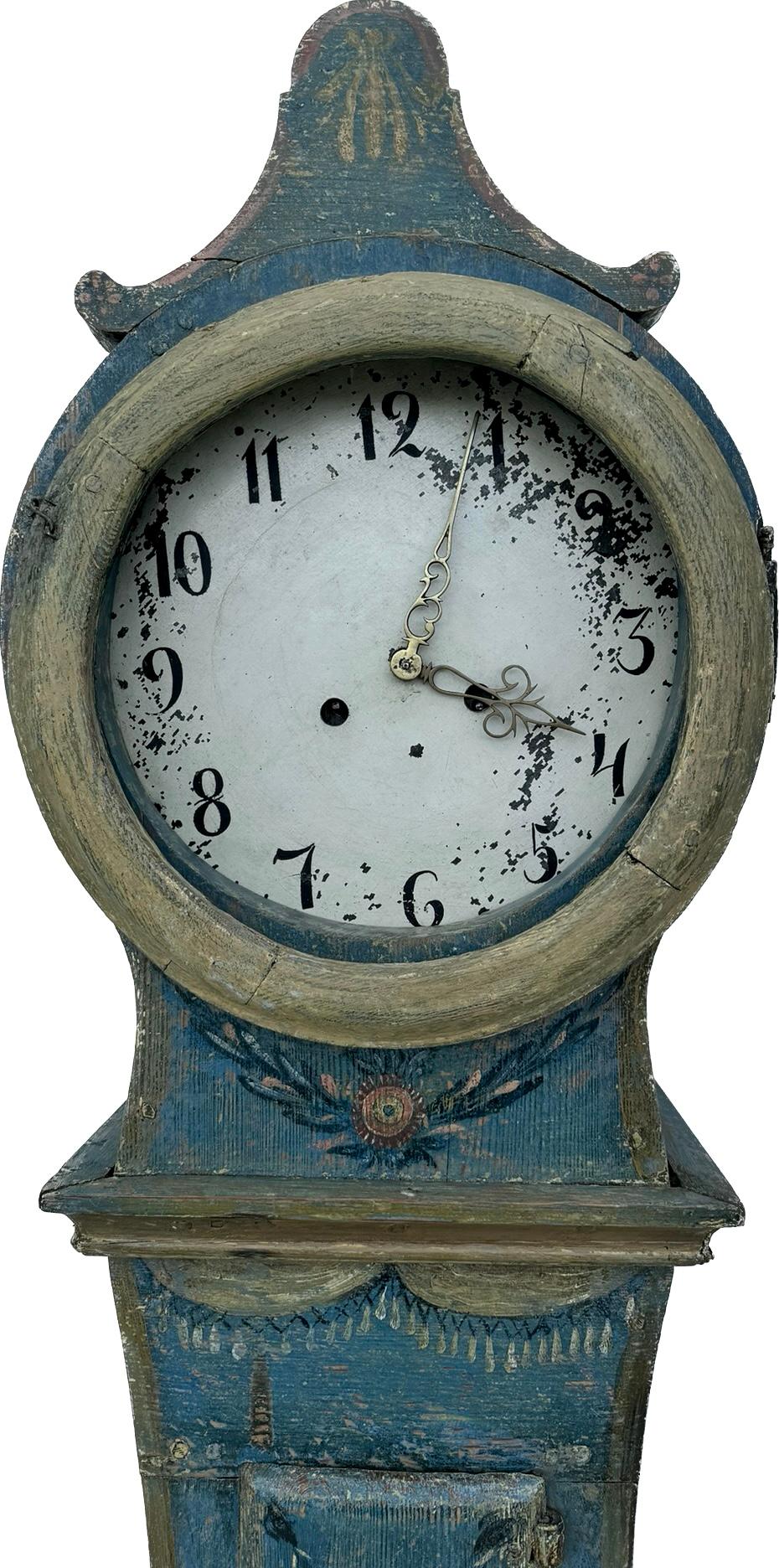 Schwedische Gustavianische Standuhr, bemalte Mora-Uhr, 19. Jahrhundert  1