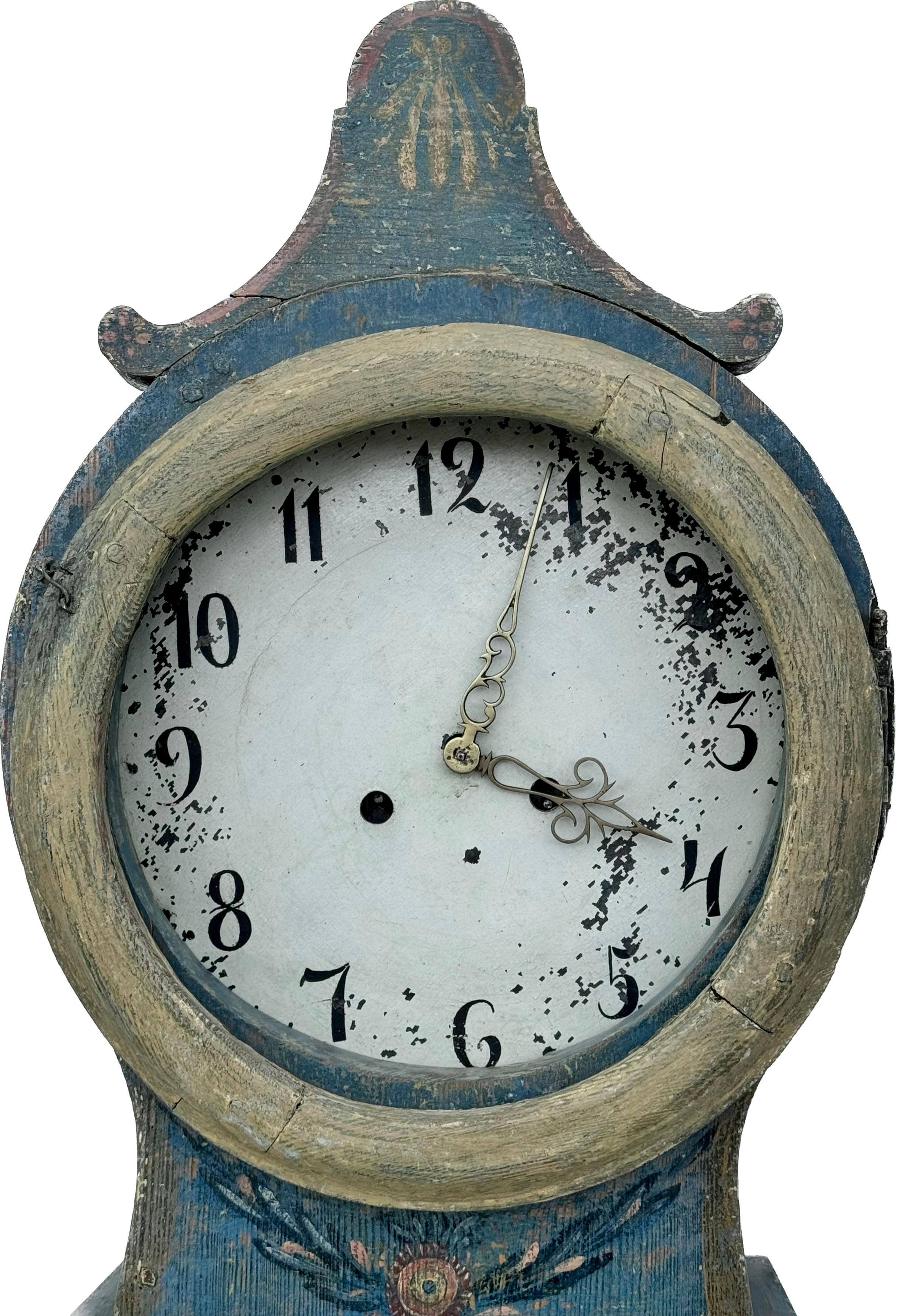 Schwedische Gustavianische Standuhr, bemalte Mora-Uhr, 19. Jahrhundert  4