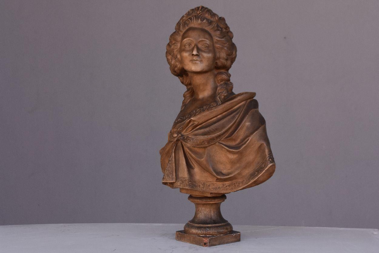 19th century terracota bust by Pajou. Signature on the back. Probably Madame du Barry but may be Marie Antoinette.