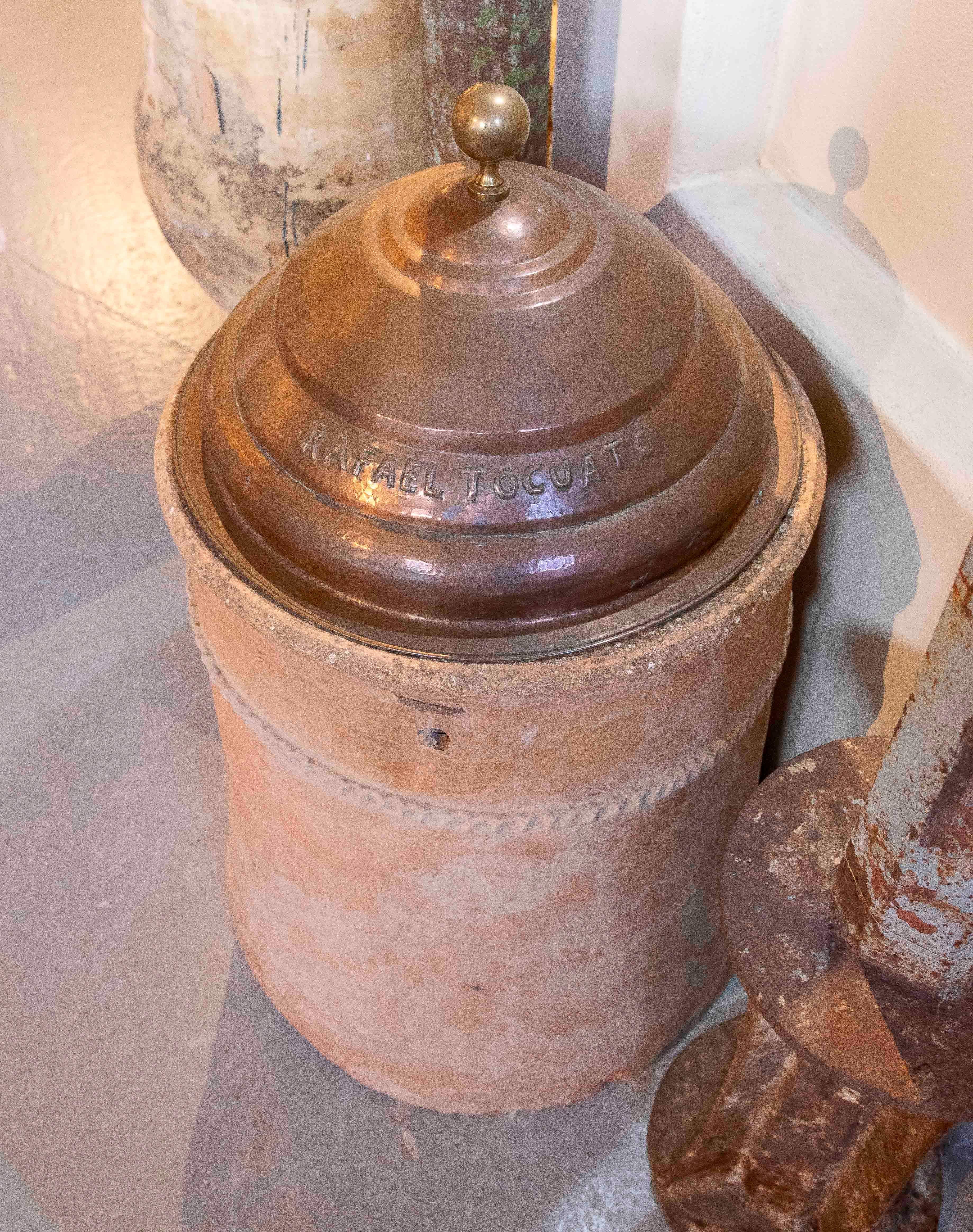 19th Terracotta Well Spout with Engraved Copper Lid For Sale 7