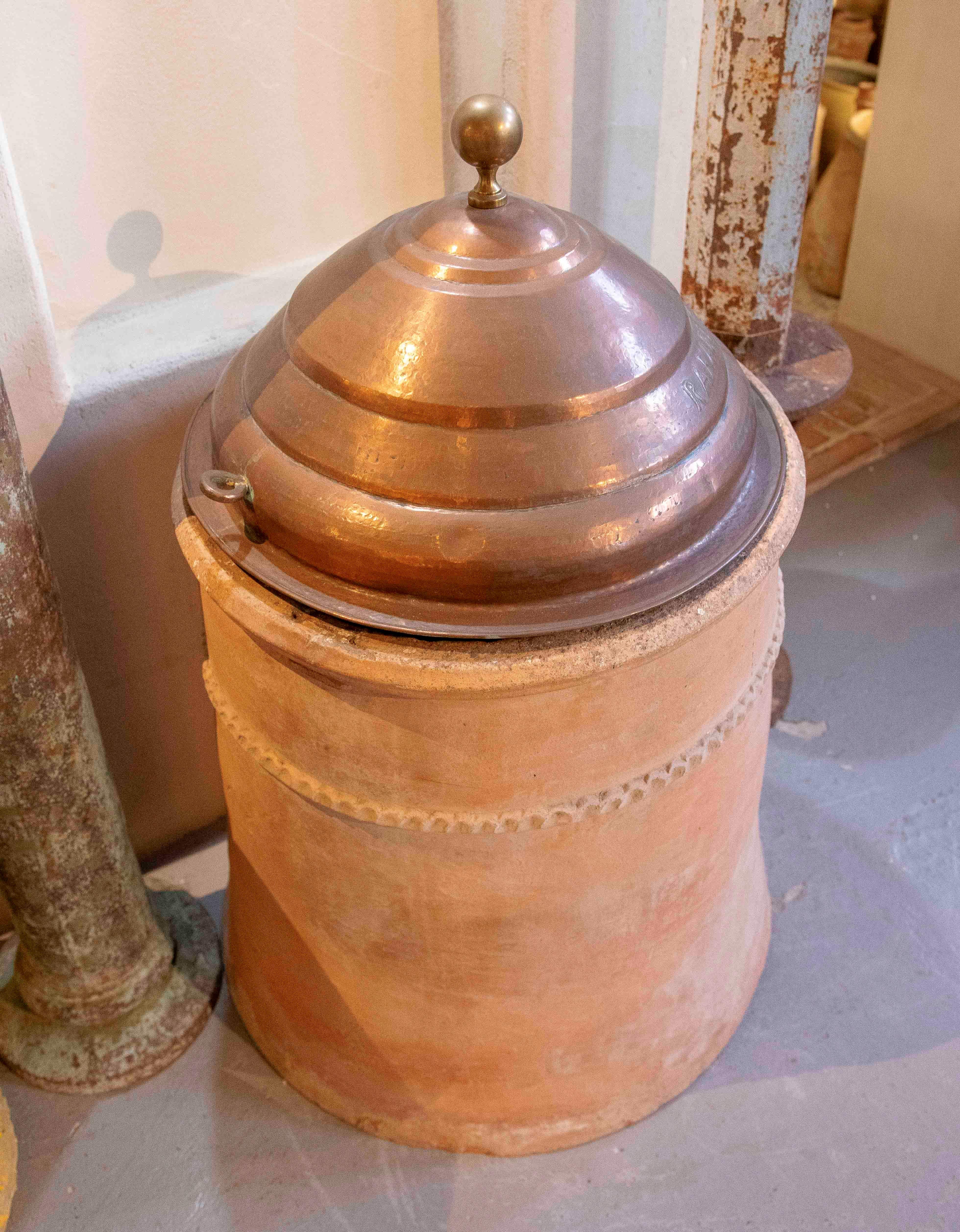 19th Terracotta Well Spout with Engraved Copper Lid For Sale 8