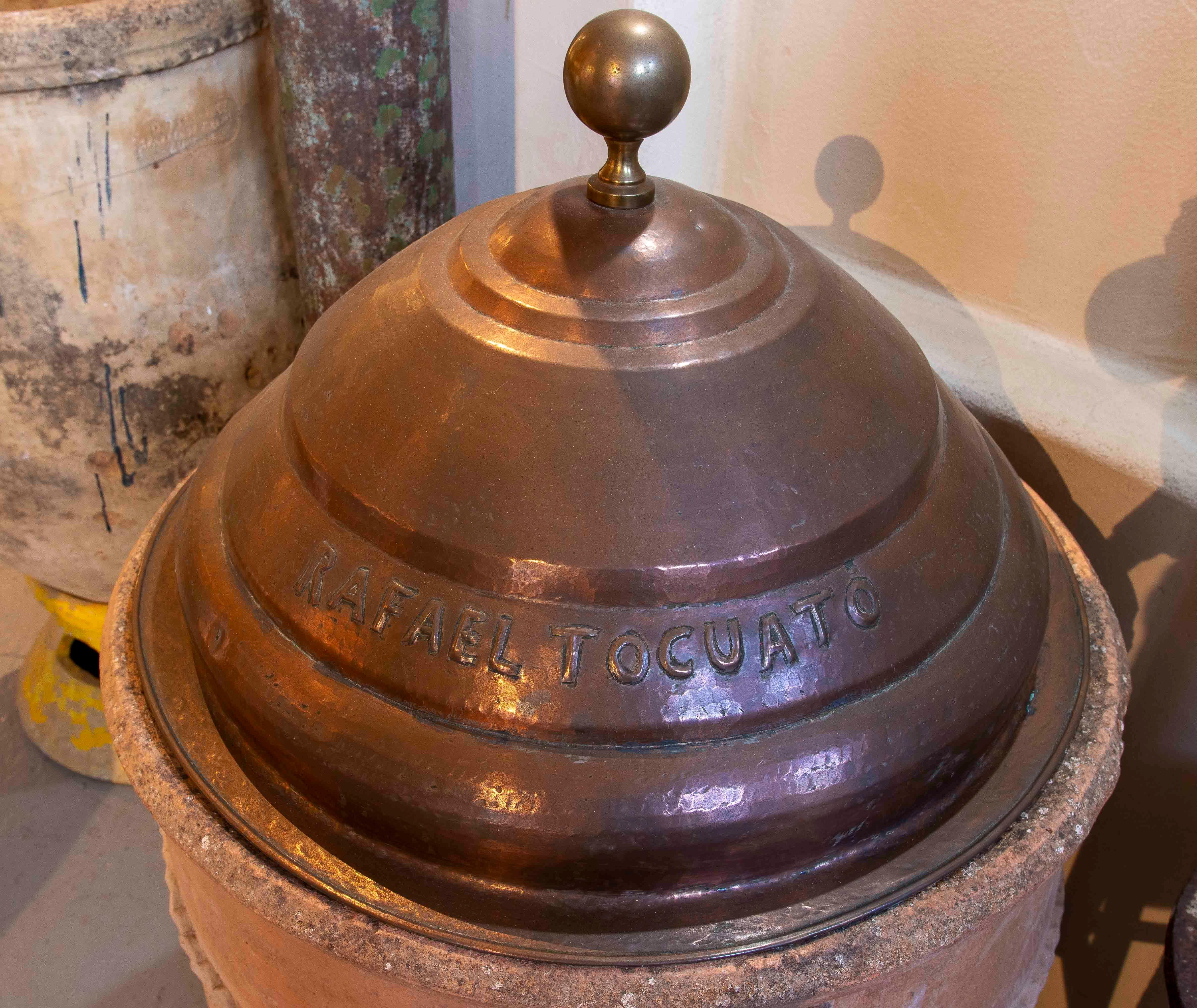 Spanish 19th Terracotta Well Spout with Engraved Copper Lid For Sale