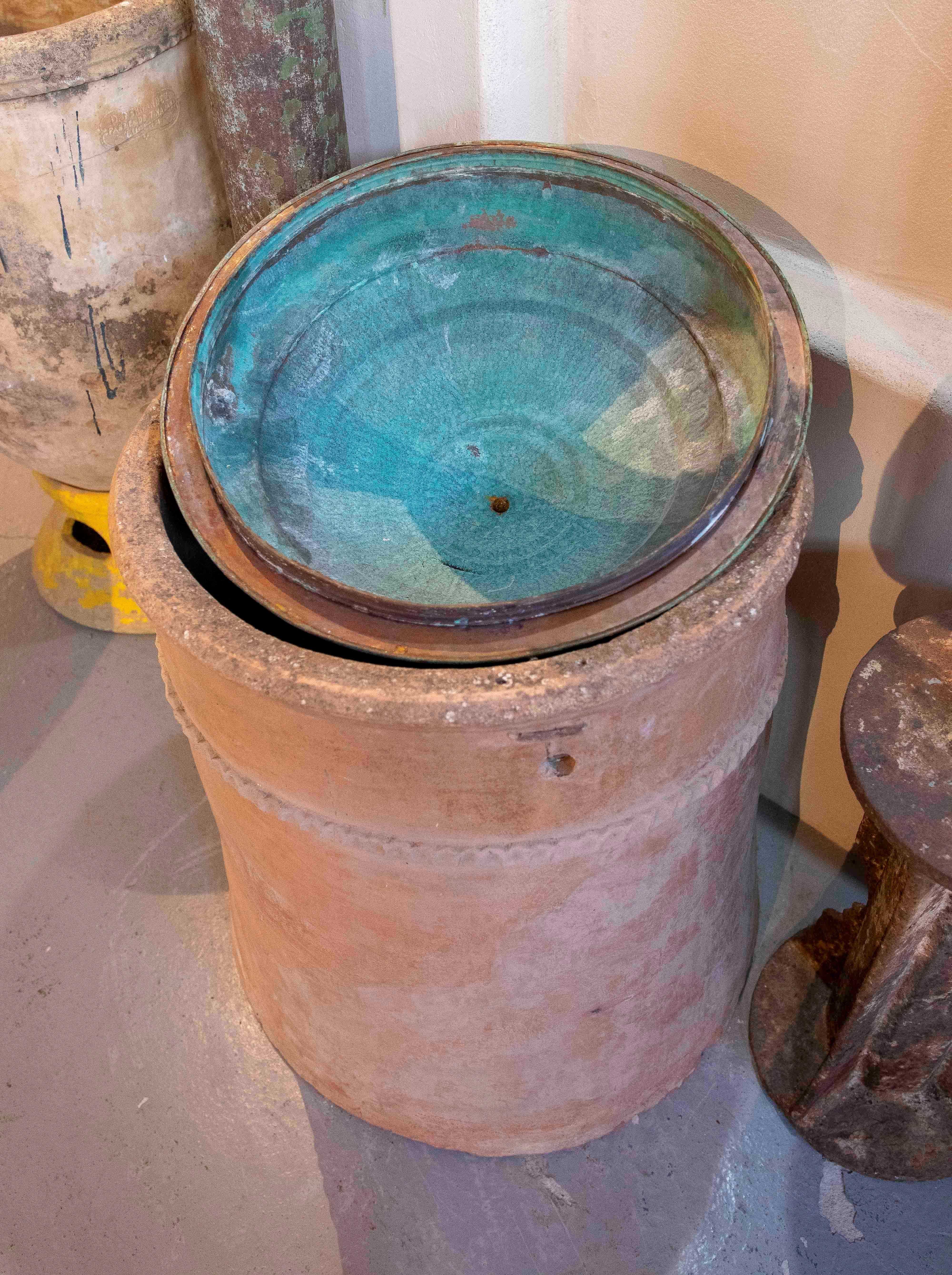 19th Terracotta Well Spout with Engraved Copper Lid For Sale 4