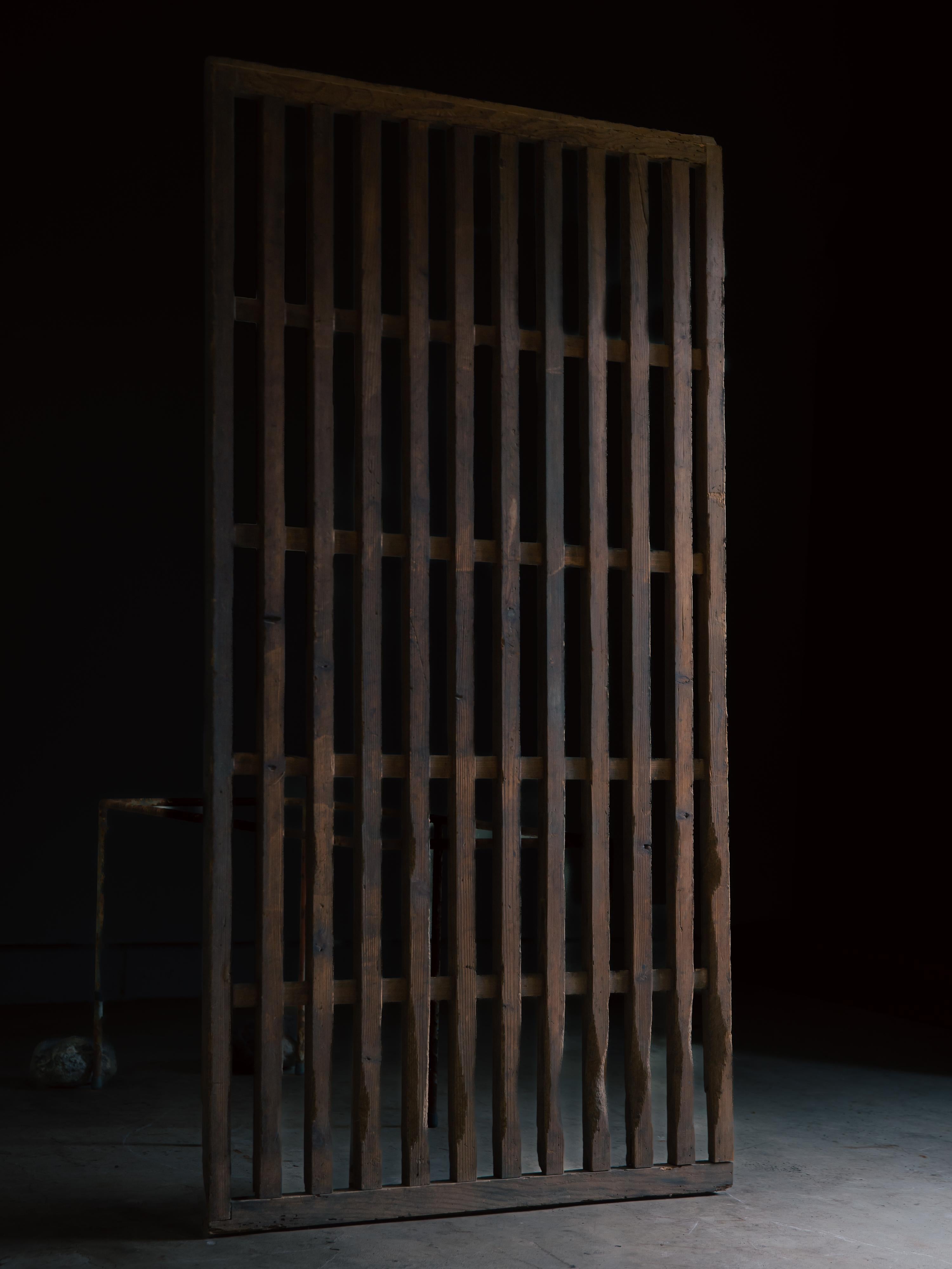 New finds from the old-established family house in Ibaraki pref, Kanto area, Japan.
Had been kept with care at the 2nd floor to avoid the humidity , even it was used as the exterior material.    

Antique thick lattice sliding door, called Koshido -