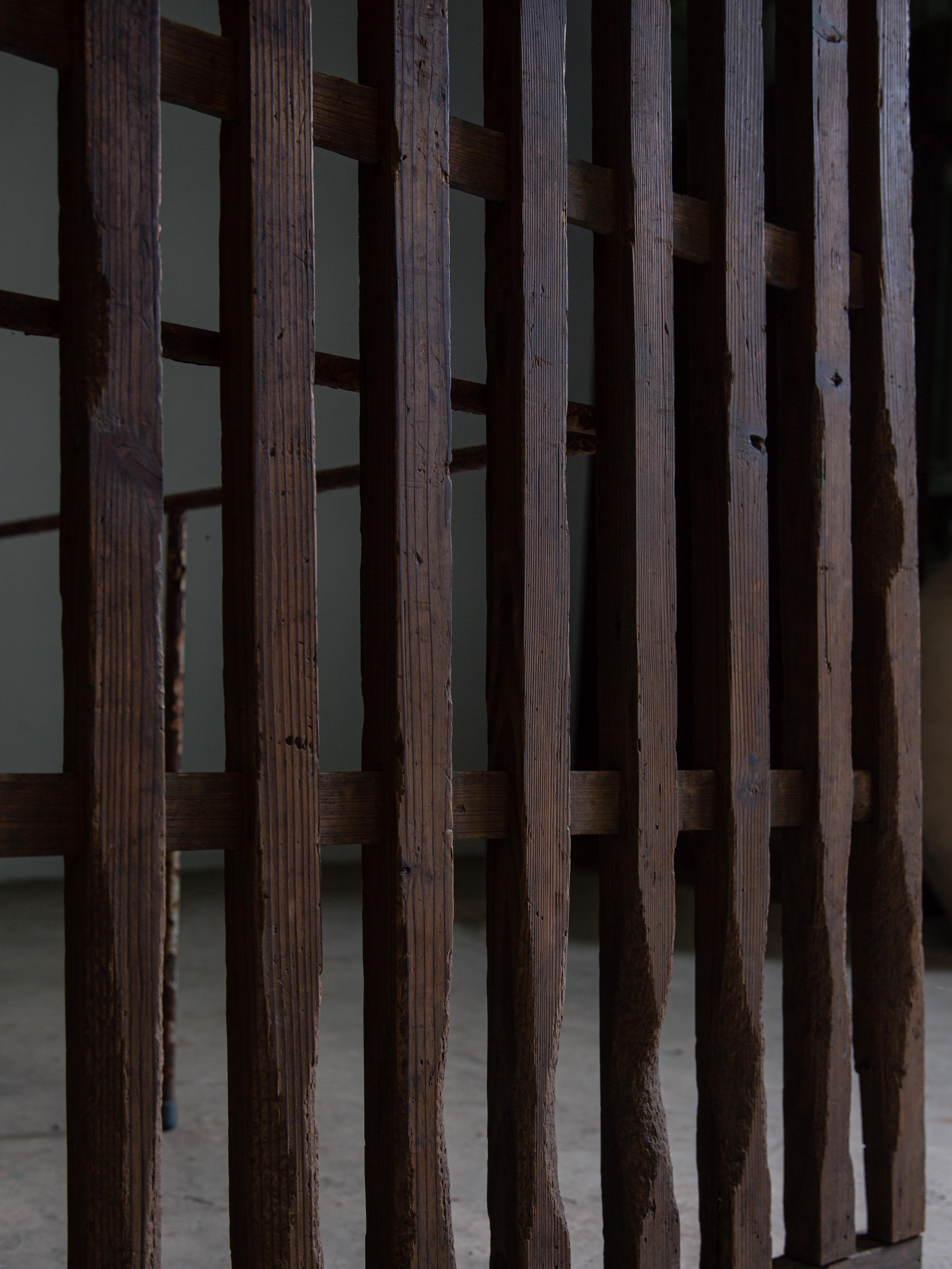 XIX secolo 1860s-90s wabi sabi Japanese thick black sliding lattice door, exterior door in vendita