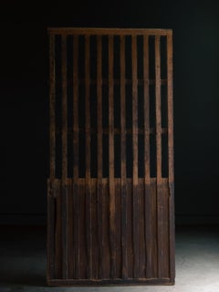 1860s-90s wabi sabi Japanese thick black sliding lattice door w/ panel