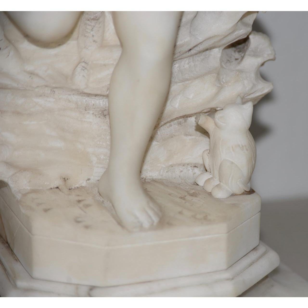 American 19th-Early 20th Century Marble Sculpture Young Child with Kitten, circa 1920 For Sale