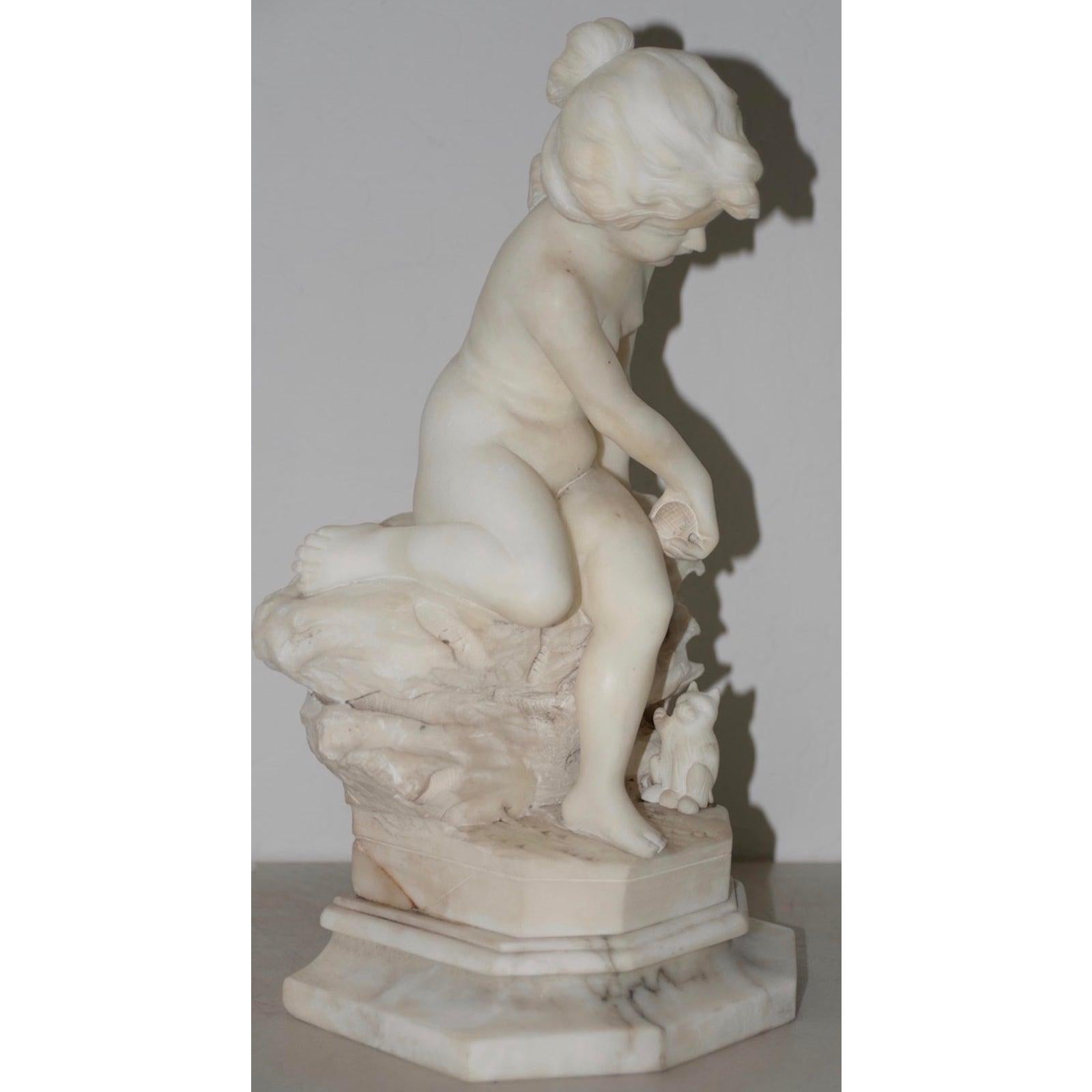Hand-Carved 19th-Early 20th Century Marble Sculpture Young Child with Kitten, circa 1920 For Sale