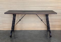 19th Walnut Console Table  with Lyre Legs and Heavy Top, Spain