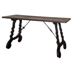 19th Walnut Console Table  with Lyre Legs and Heavy Top, Spain