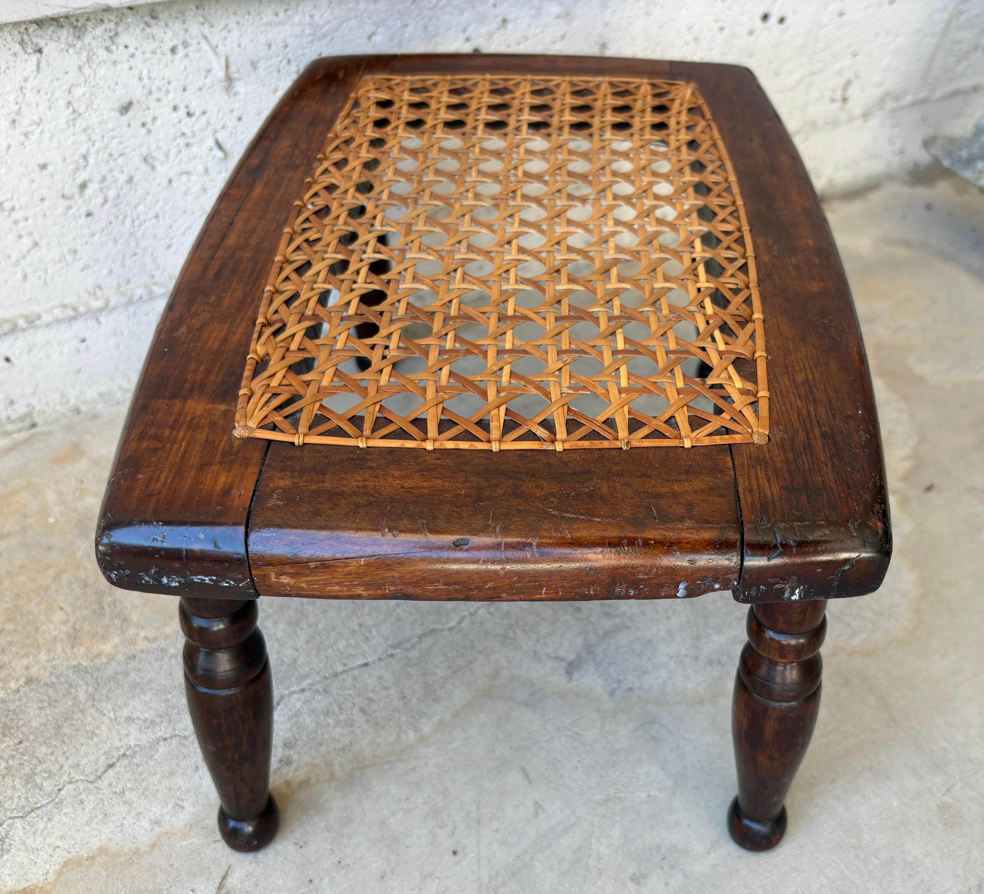 Hand-Crafted 19th Walnut Footstool w/ Cane Seat For Sale