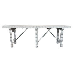 19th White Painted White Country Lyre Legs Large Console or Center Table