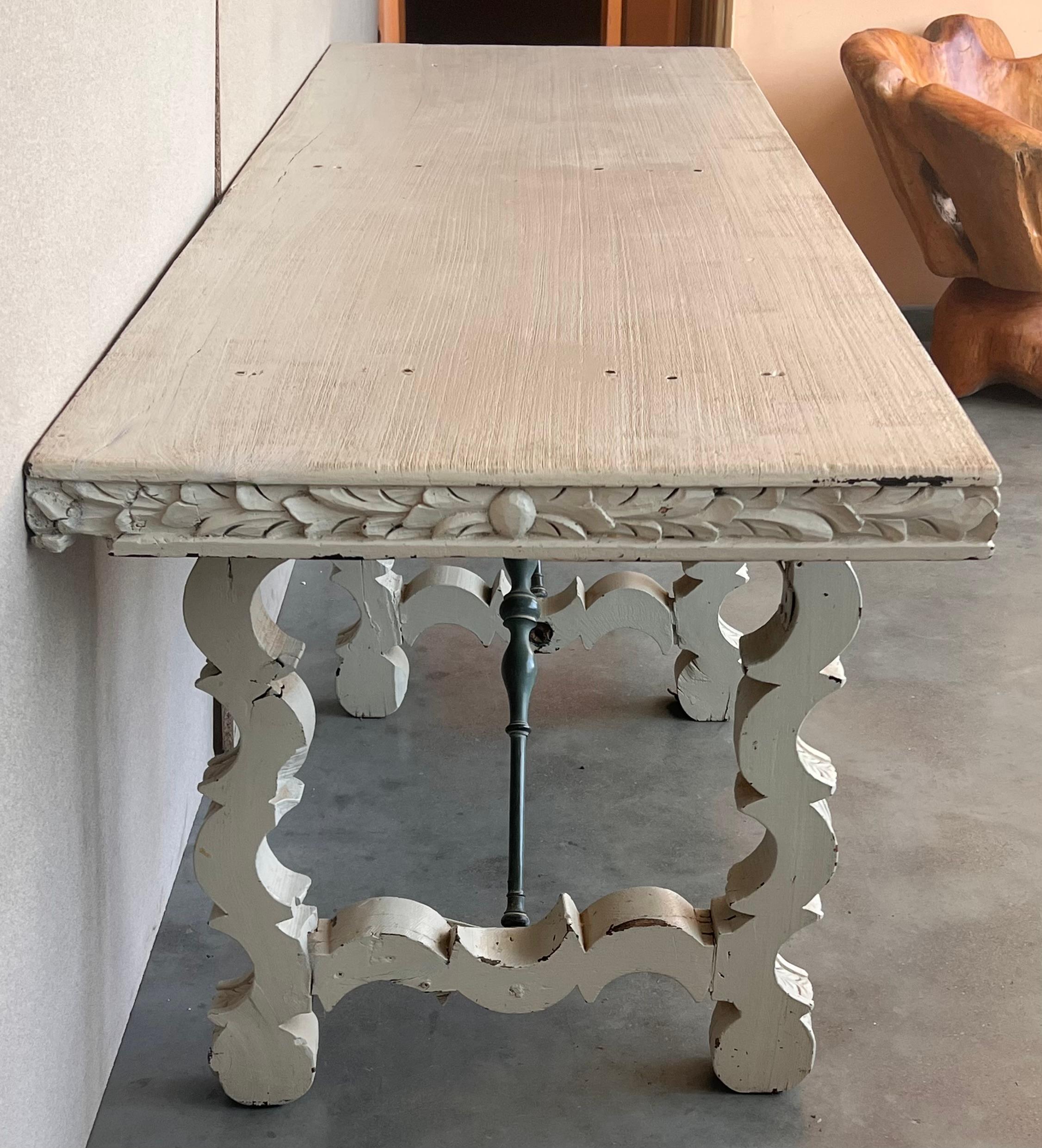 19th White Painted White Country Lyre Legs Large Console or Center Table In Good Condition For Sale In Miami, FL