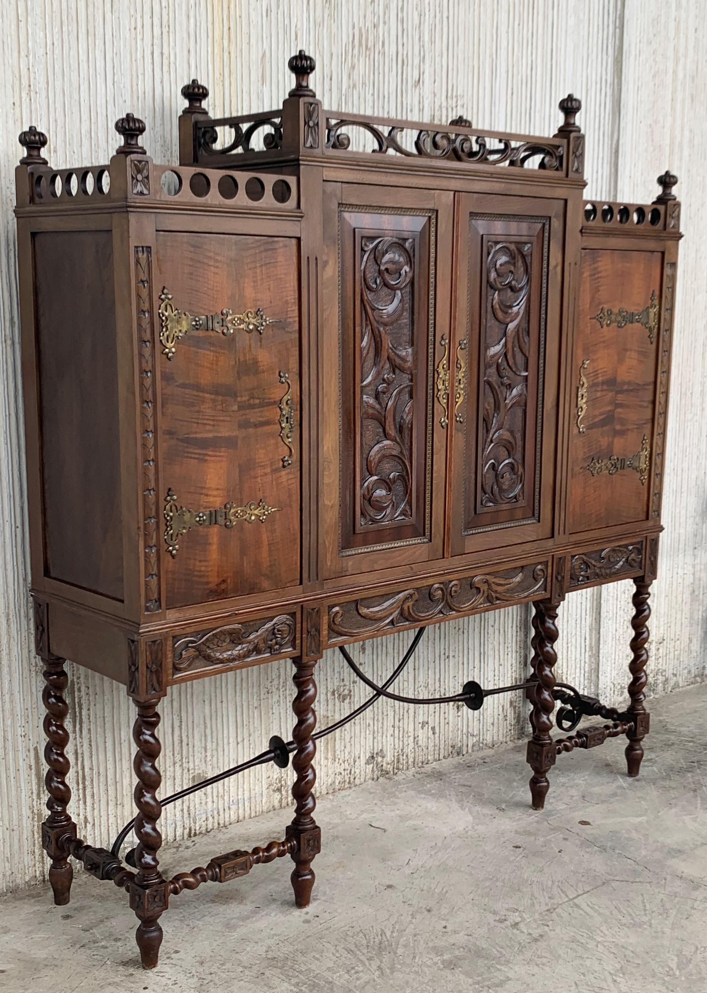 Baroque Revival 19th Century Wood Carved Cupboard, Cabinet on Stand with Iron Stretcher
