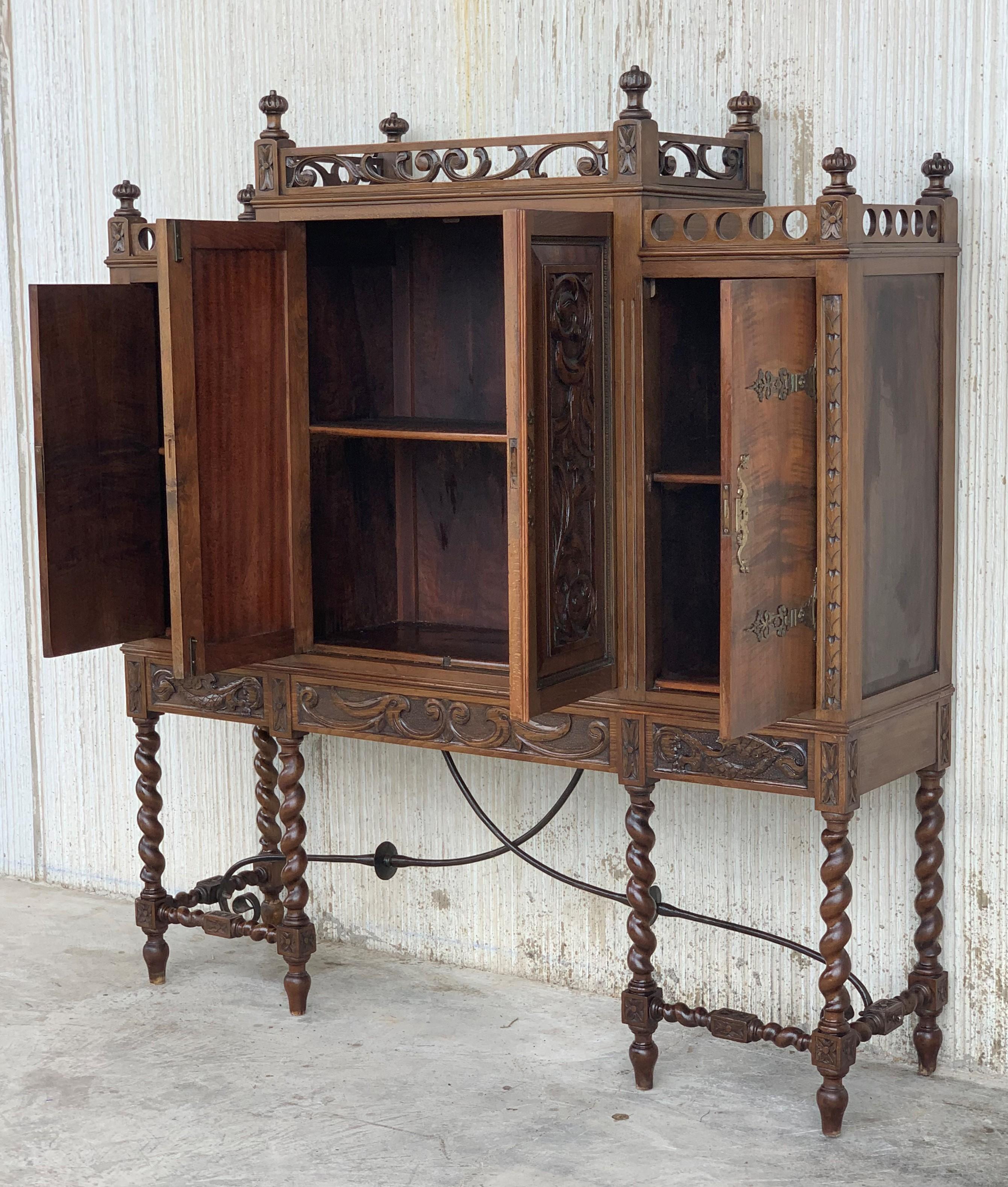 Spanish 19th Century Wood Carved Cupboard, Cabinet on Stand with Iron Stretcher