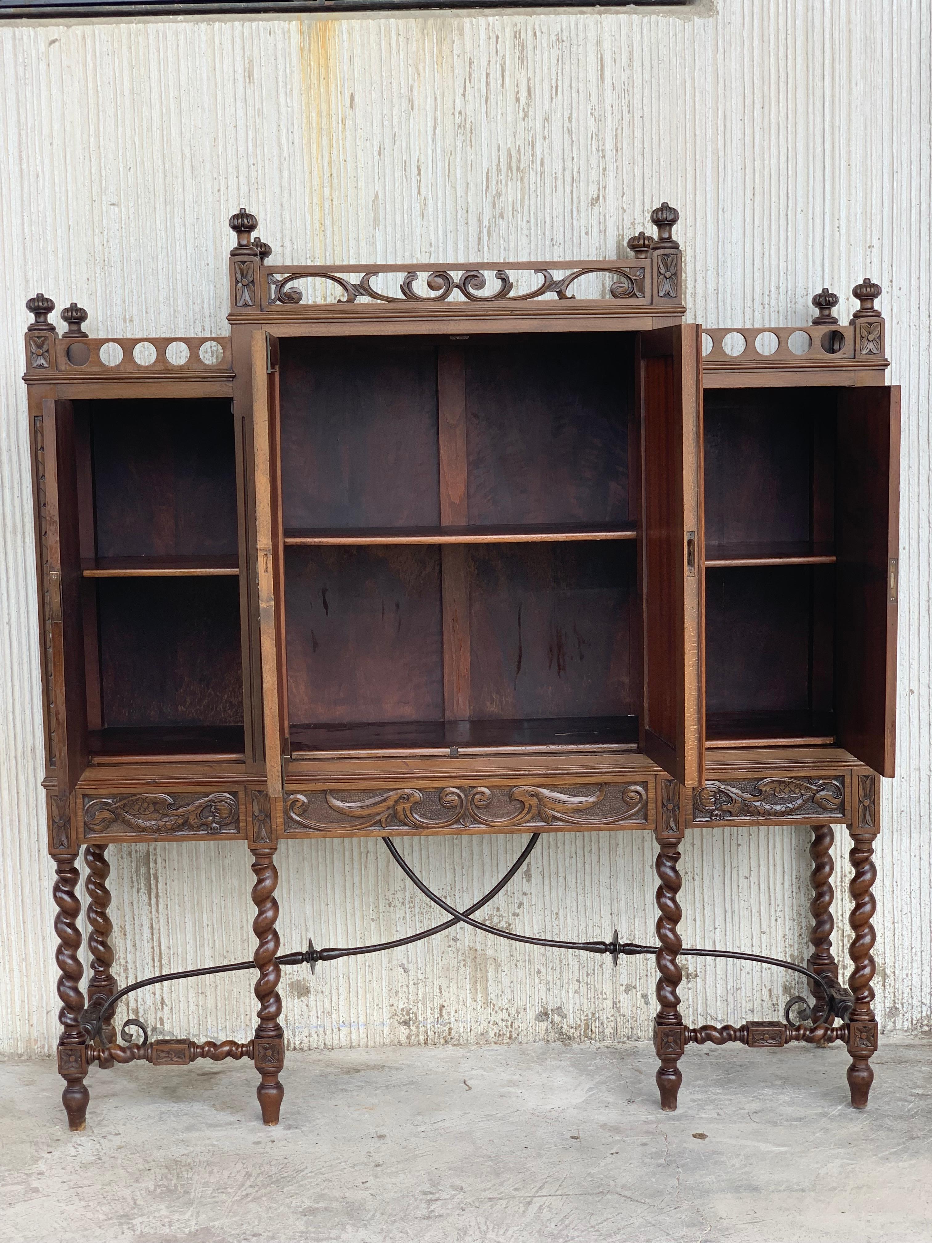 19th Century Wood Carved Cupboard, Cabinet on Stand with Iron Stretcher In Good Condition In Miami, FL