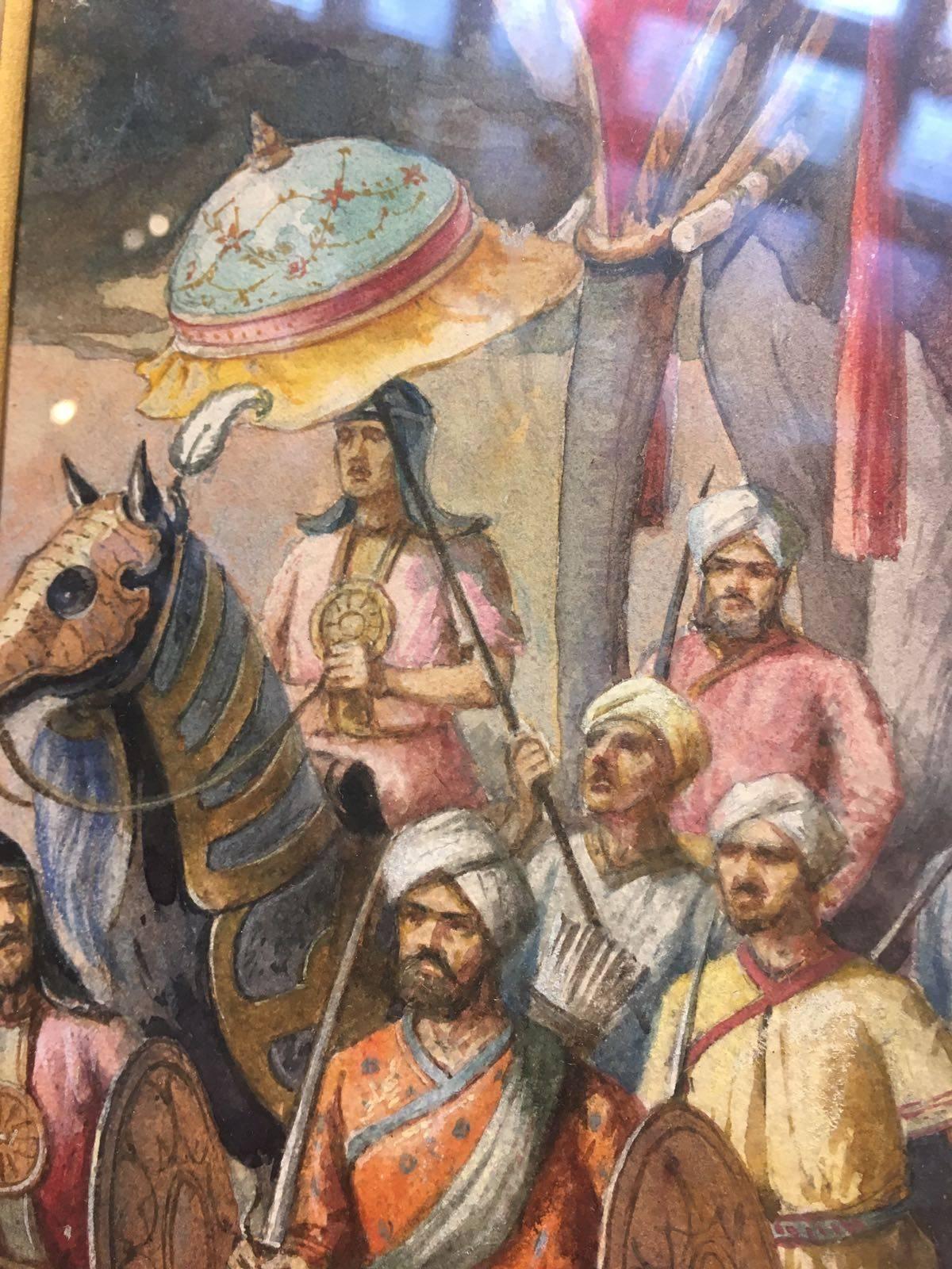 French 19th-20th Century Watercolor Painting, Depicting the Pageantry of the Mughal For Sale