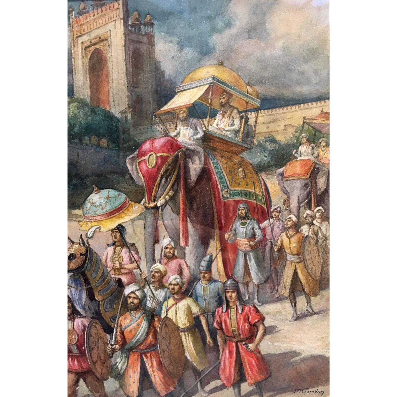 19th-20th Century Watercolor Painting, Depicting the Pageantry of the Mughal For Sale