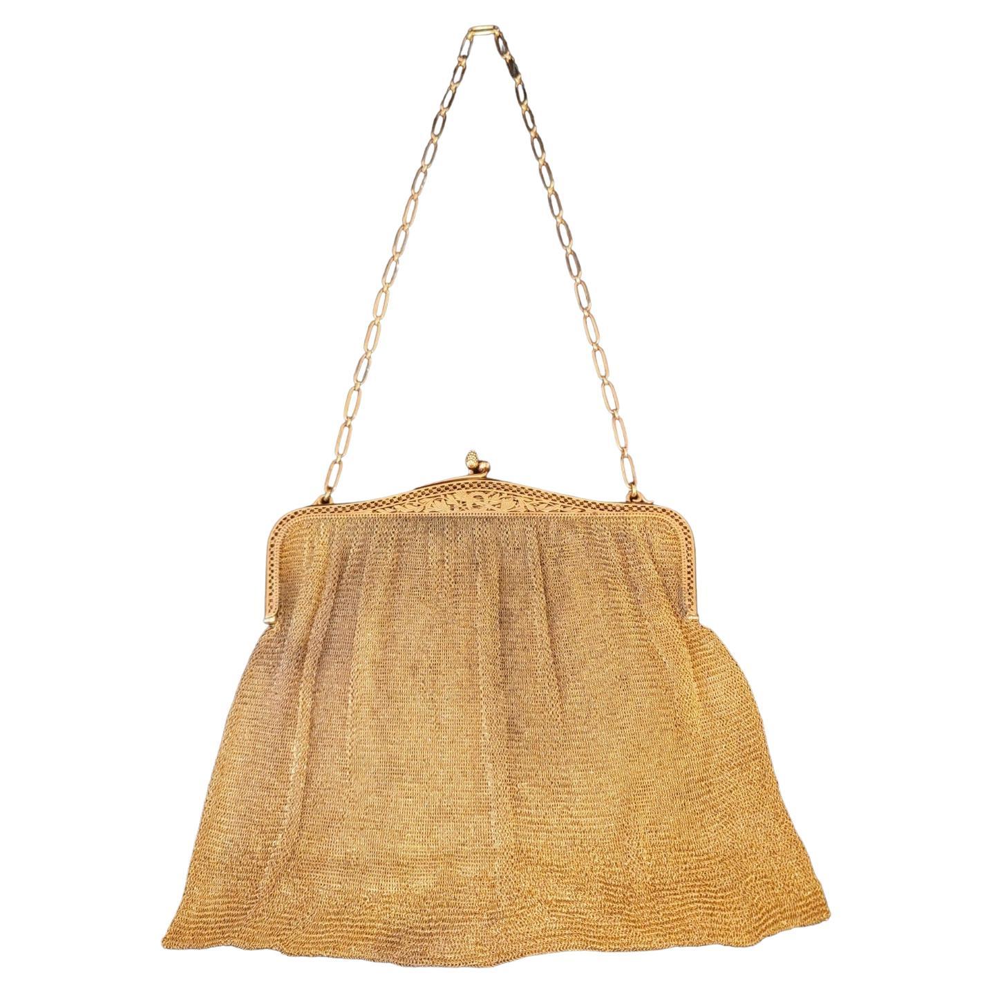  24k Gold Over Sterling Mesh Bag Signed Augule Germaine April 1919, Other side has Argent Lekube Inscribed. Wonderful Mesh design and a great strong feel to the mesh. Great design all over. A locking mechanism that has berries to to lock at top.