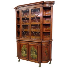 Antique English Regency Satinwood Adams Vernis Martin Breakfront Vitrine China Cabinet