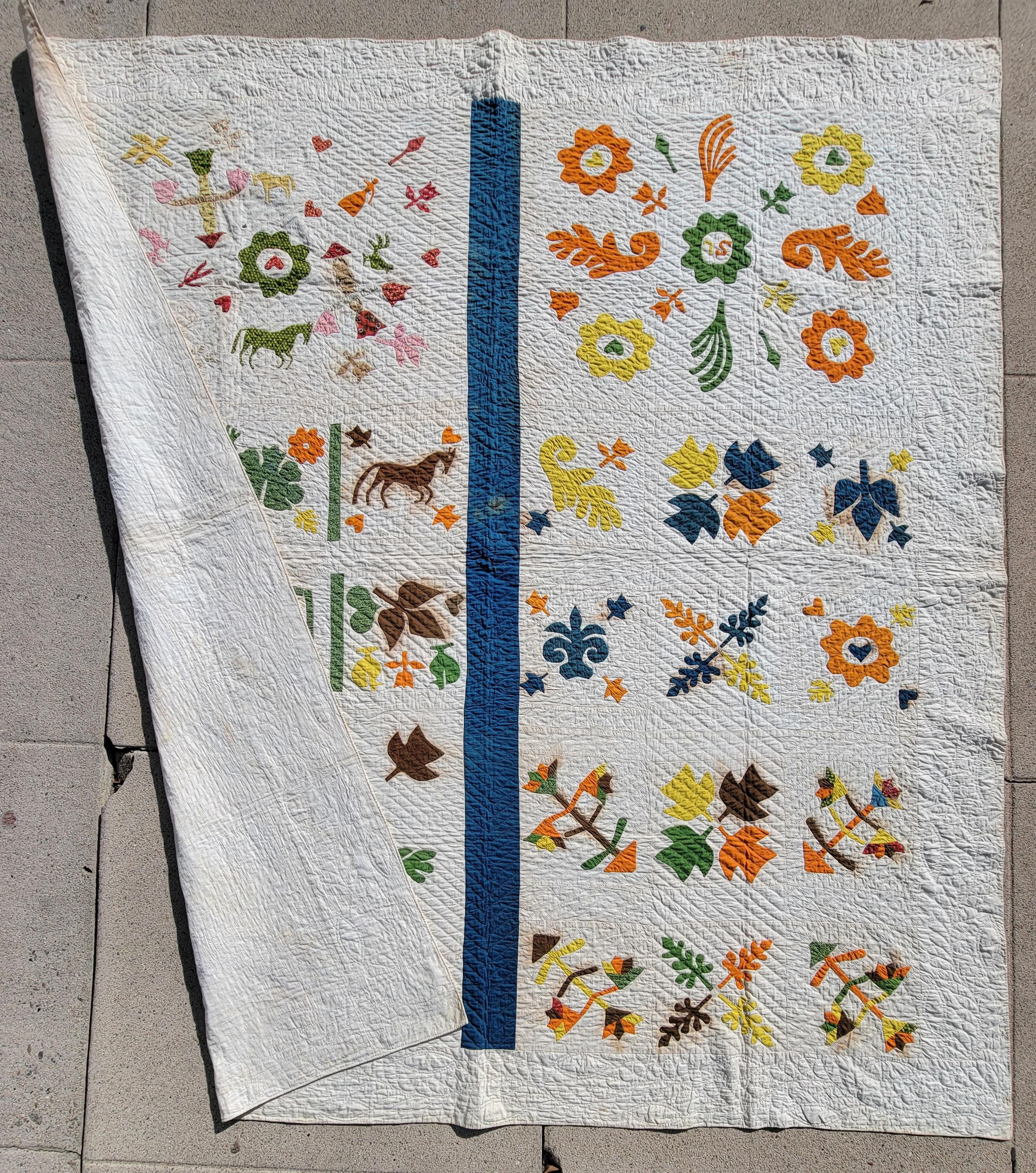 This amazing 19thc hand applique and hand quilted Afro-American pictorial quilt is in fine condition. It is most unusual the pictorial appliqued birds,people and other animals resembles many of the published Afro-American quilts in many quilt books.