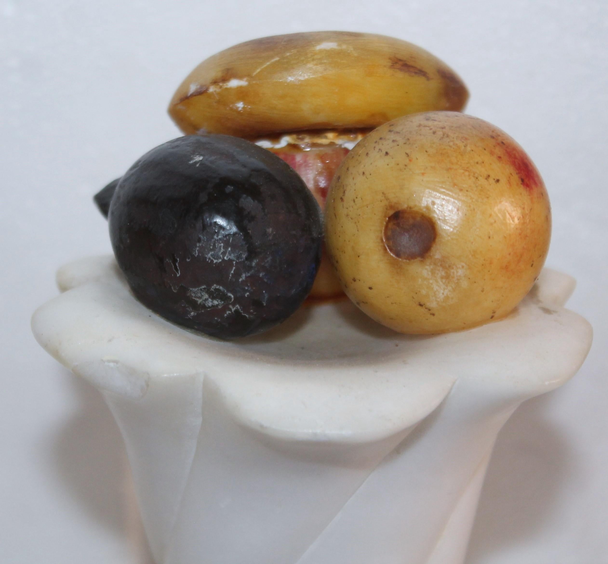 Hand-Painted 19th Century Alabaster Cornucopia Bookends with Painted Mini Fruit