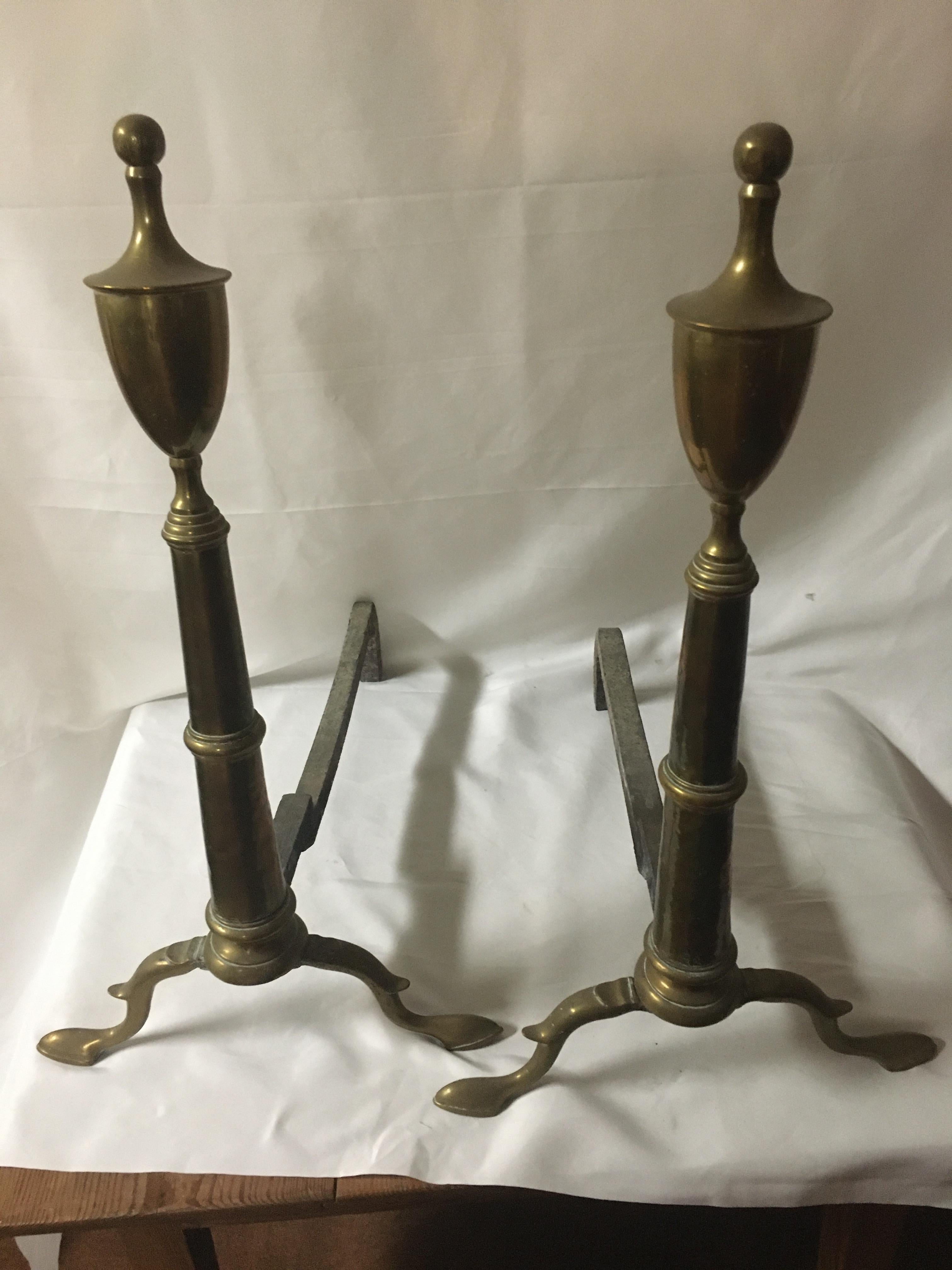 Early 19th Century 19thc American Classical Tall Brass Andiron Firedog Pair For Sale
