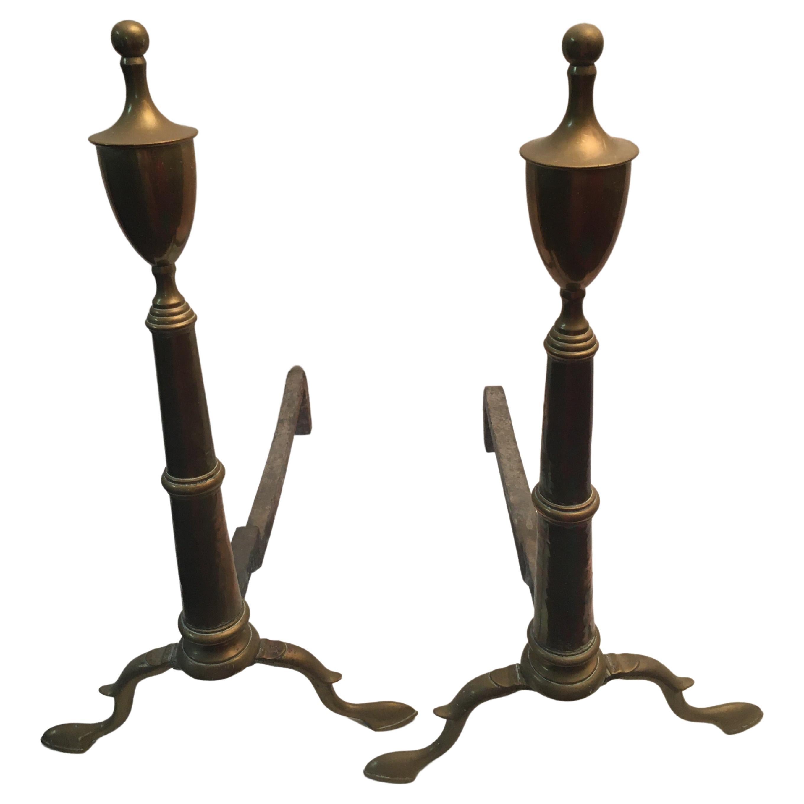 19thc American Classical Tall Brass Andiron Firedog Pair