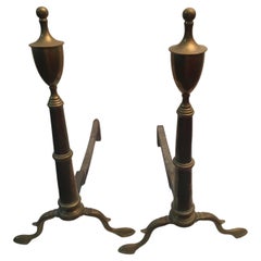 Used 19thc American Classical Tall Brass Andiron Firedog Pair