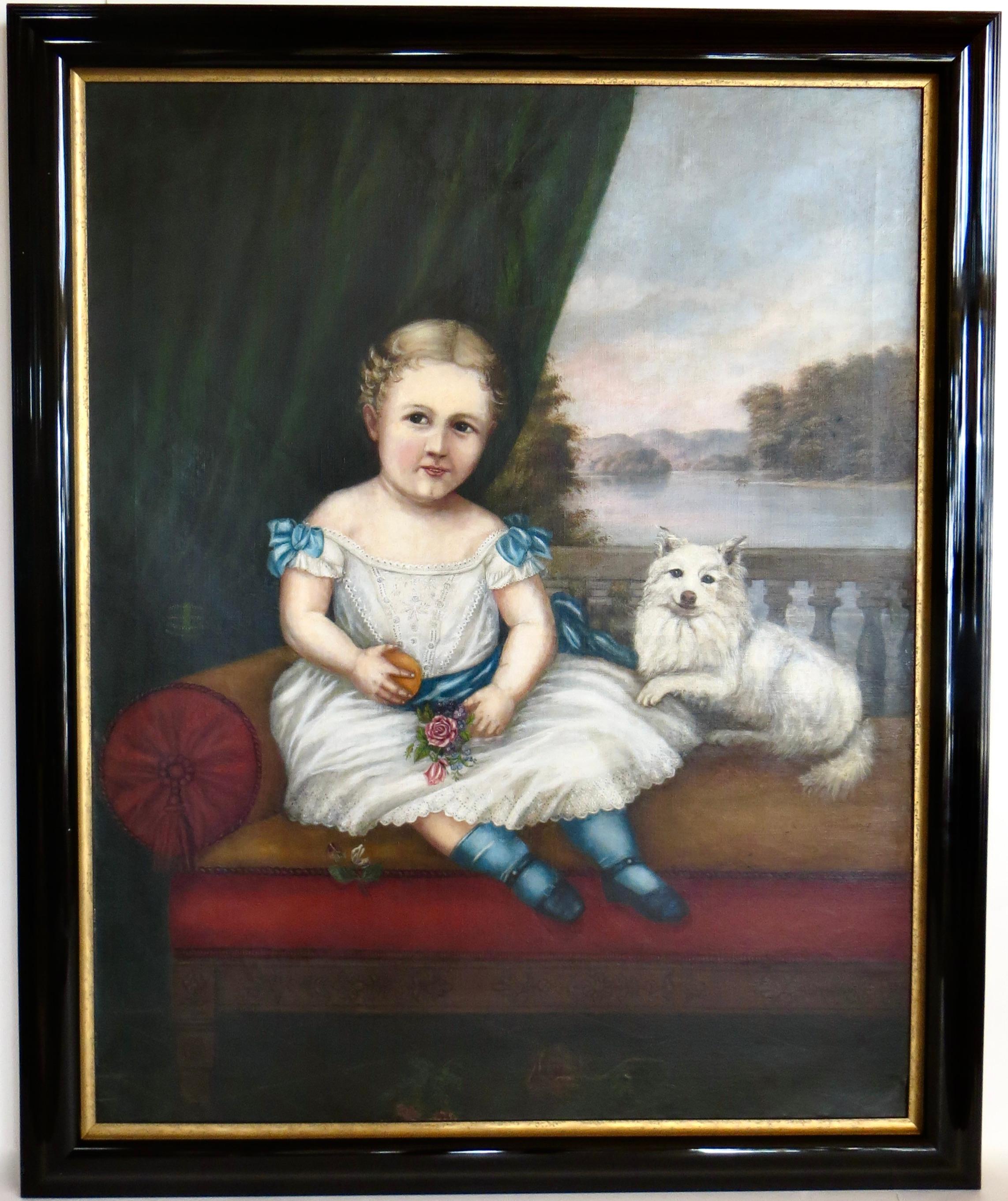 Early 19th century, superb, and oversized, this fine quality American folk art portrait, oil on canvas painting is in original surface with all of the elements desired by collectors and decorators; subject matter, size, and condition. 

The object