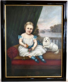 19thC American Folk Art Portrait Painting Of A Young Girl Seated Beside Her Dog