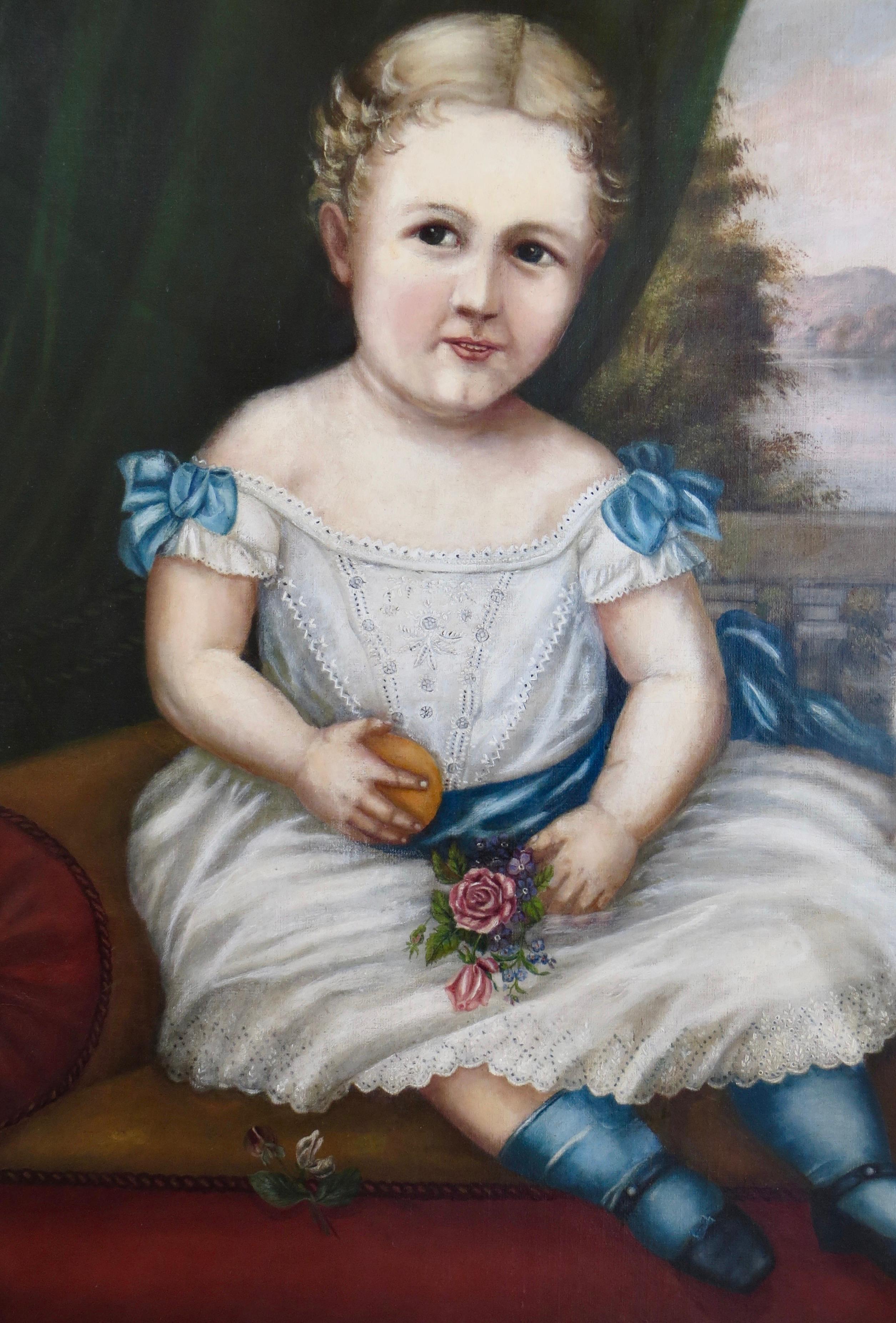 19thC American Folk Art Portrait Painting Of A Young Girl Seated Beside Her Dog In Good Condition For Sale In Incline Village, NV