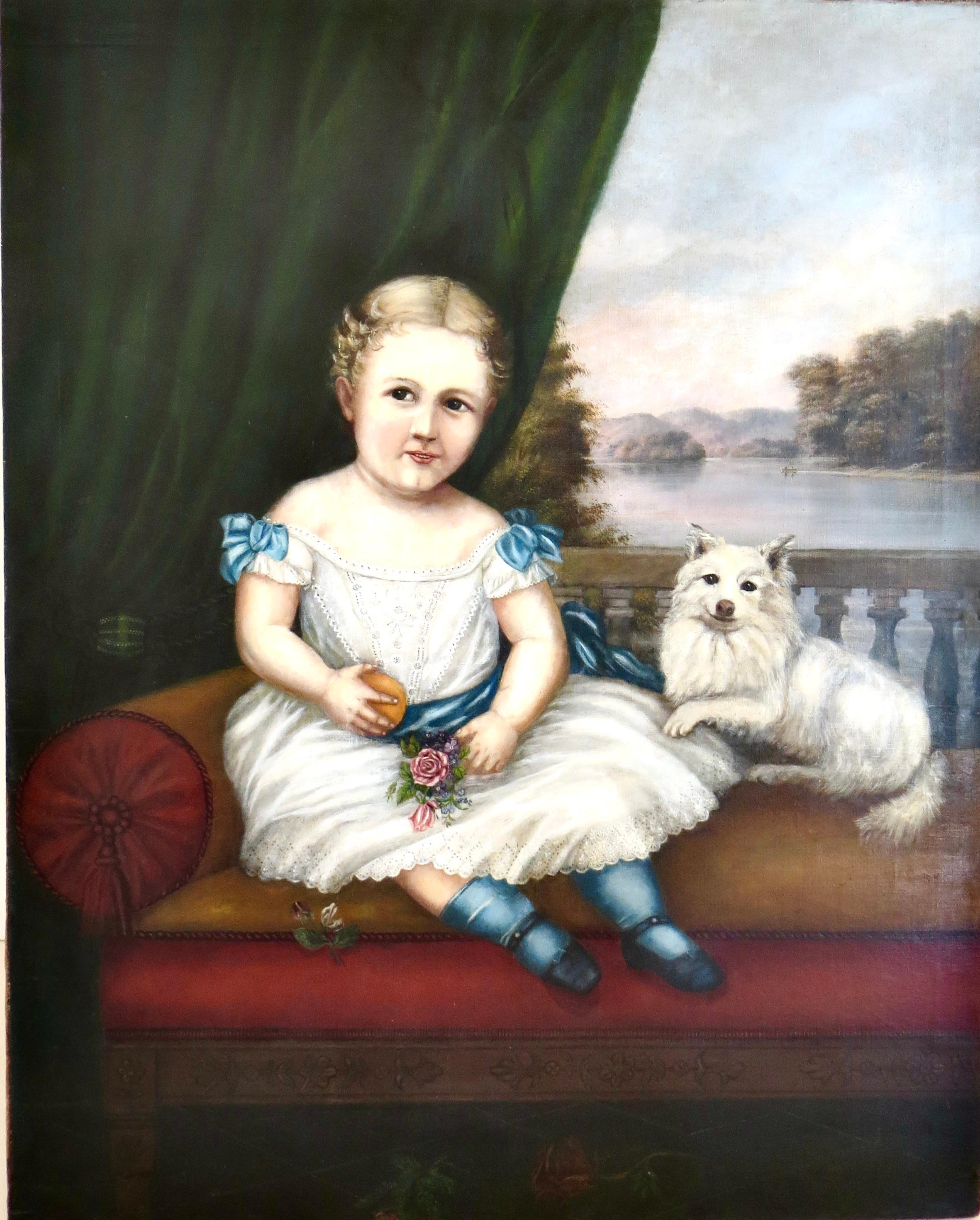 Canvas 19thC American Folk Art Portrait Painting Of A Young Girl Seated Beside Her Dog For Sale
