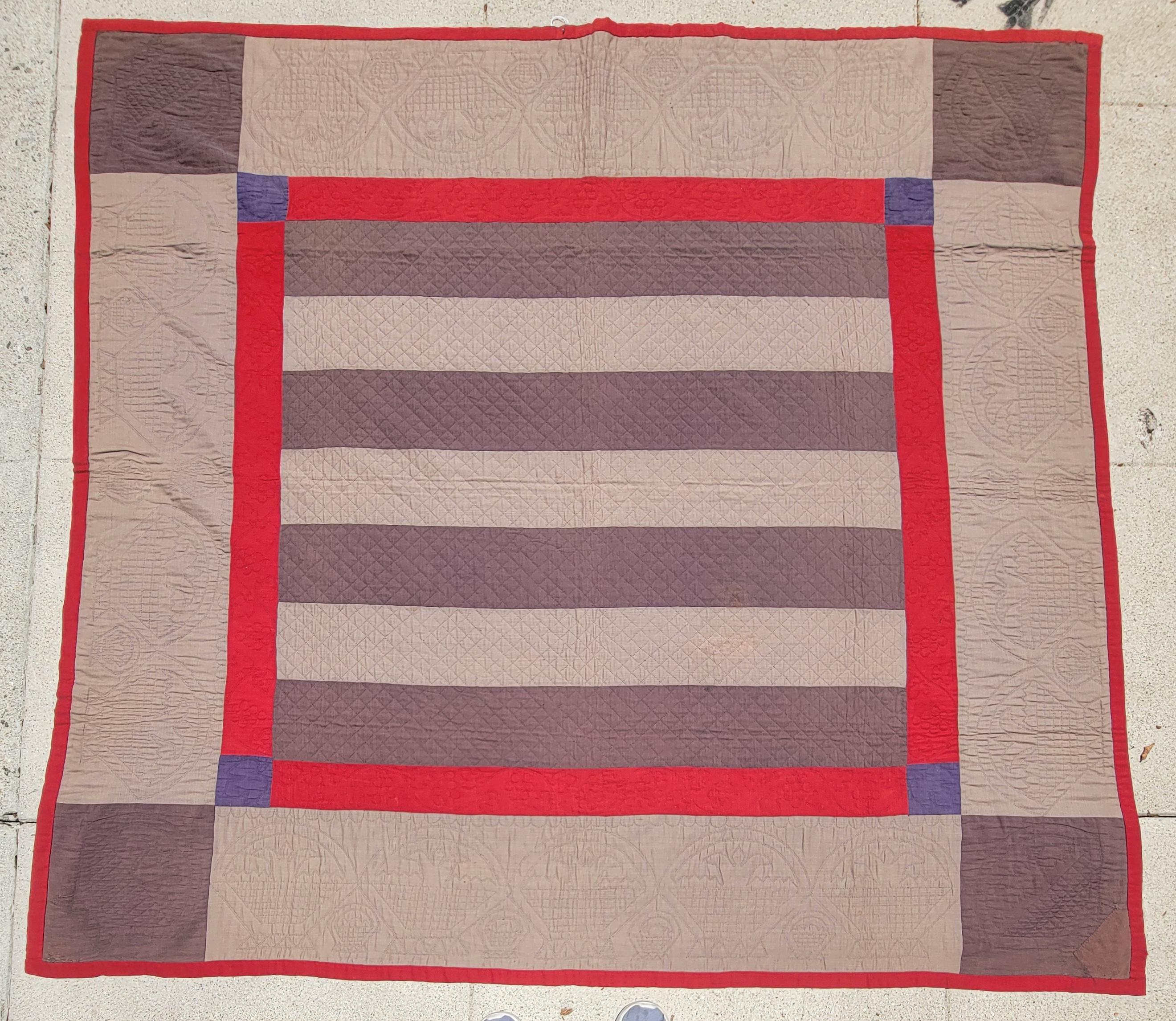 Rare  19Thc Lancaster County Amish Bars Quilt circa 1880s with cotton indigo backing and miniature basket quilting design.The condition is very good with a minor corner patch done by the Amish folks. Fine quilting & piecework.