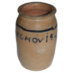 19thc Anchovis Crock with Blue Lettering