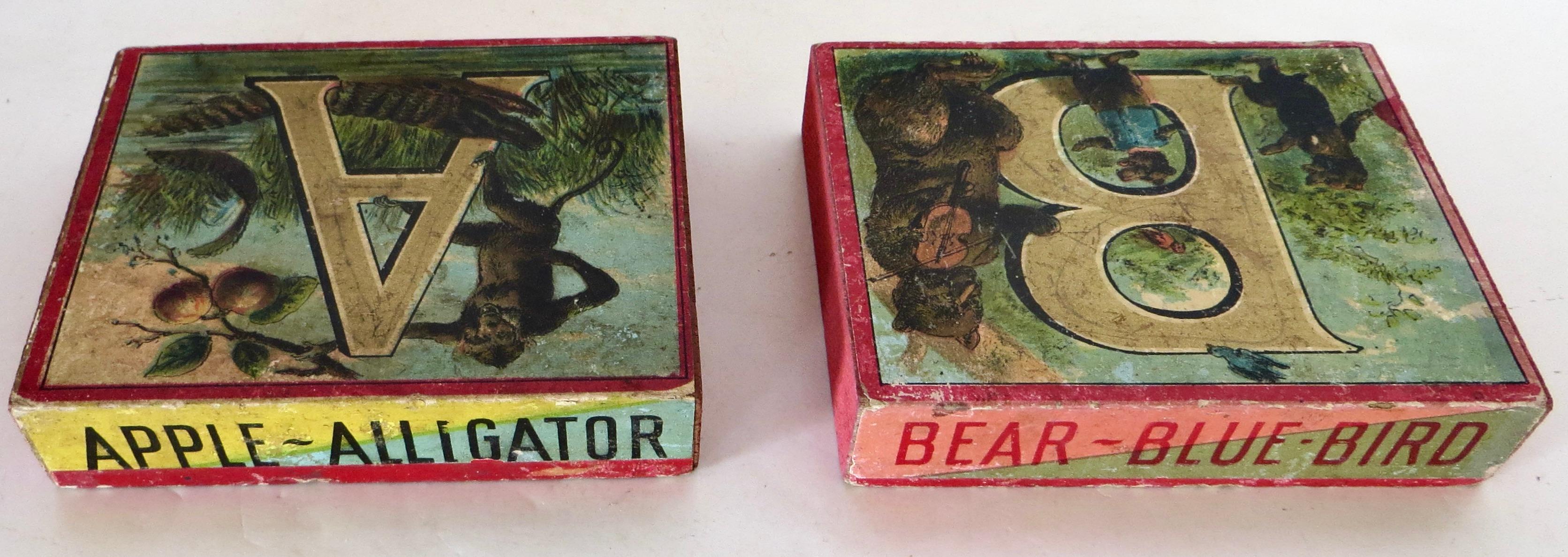 Bois Alphabet lithographié à thème animalier du 19e siècle pour enfants 