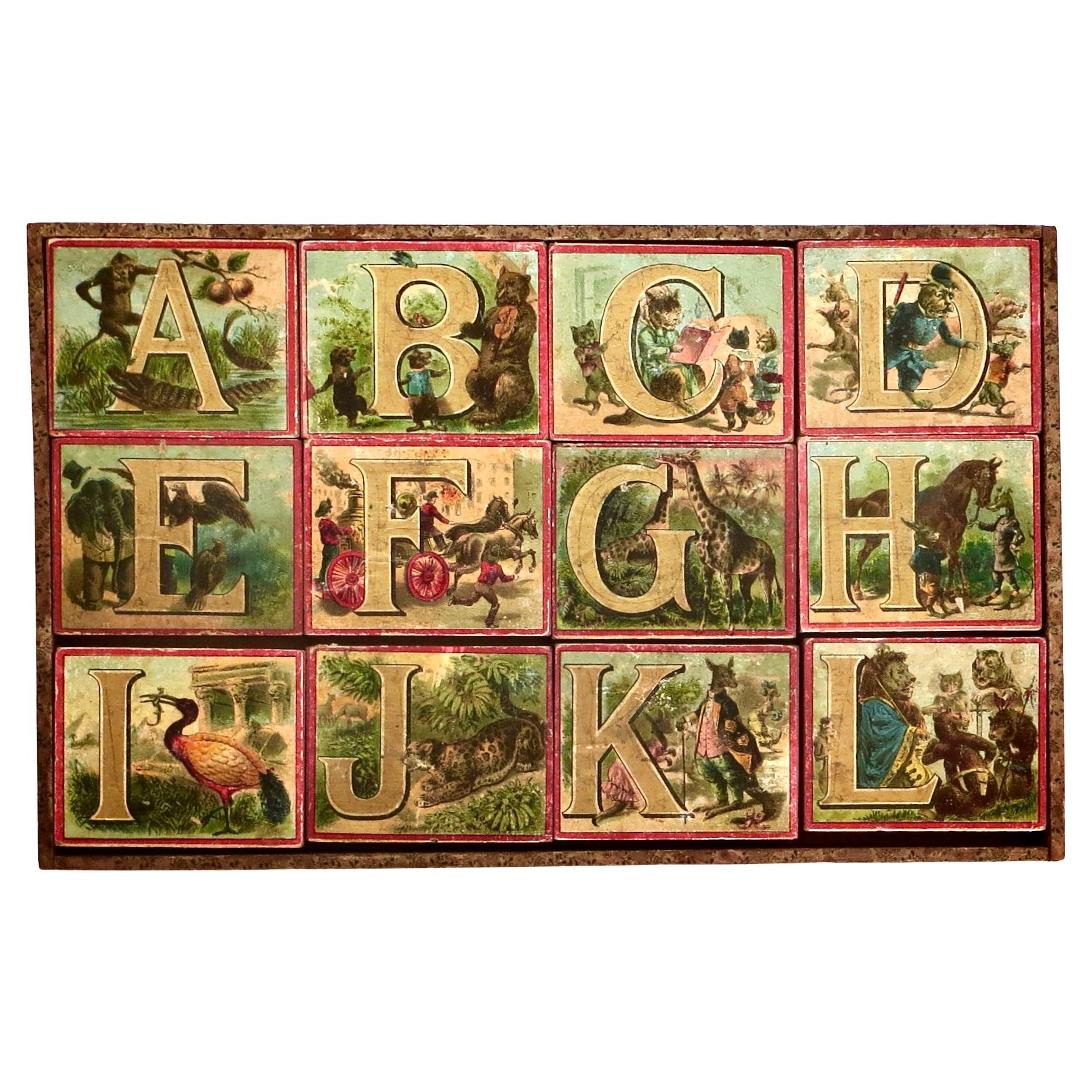 Alphabet lithographié à thème animalier du 19e siècle pour enfants "Learning Blocks" Ca. 1880 en vente