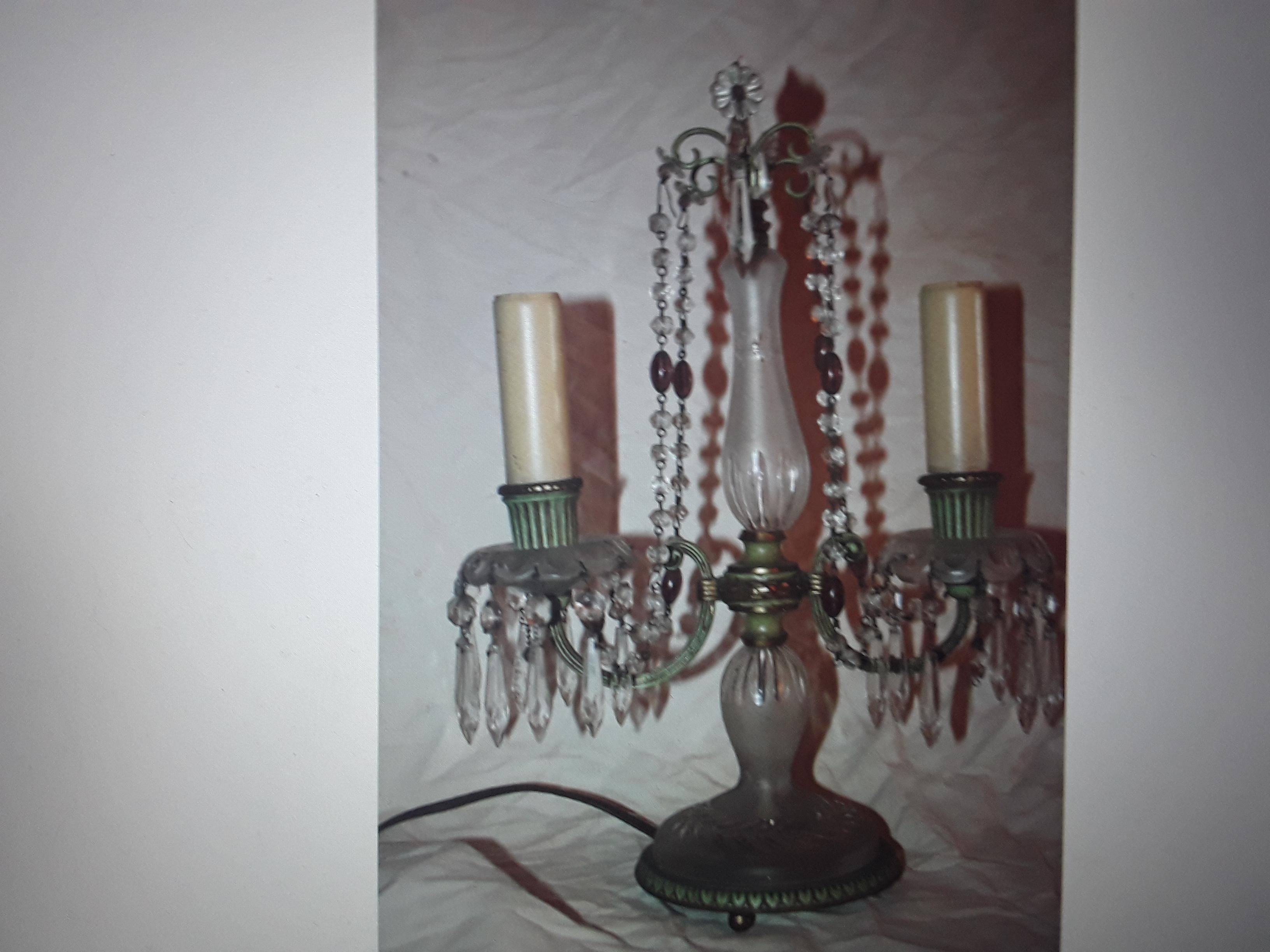 19thc Antique F&C Osler style 2 Light Frosted Cut Crystal Table Lamp/ Girandole For Sale 4