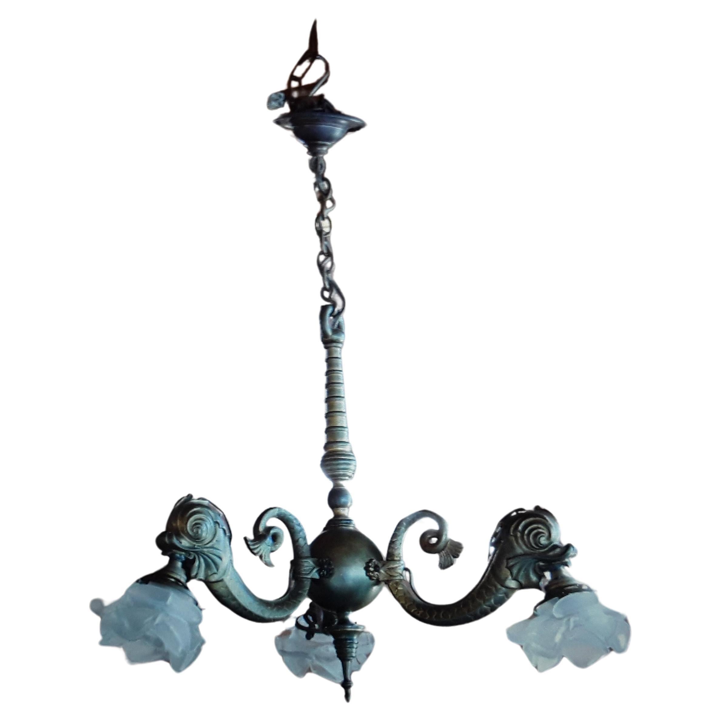 19thc Antique French "Empire" Bronze Fish/ Dolphin/ Sea Creature/ Koi Chandelier For Sale