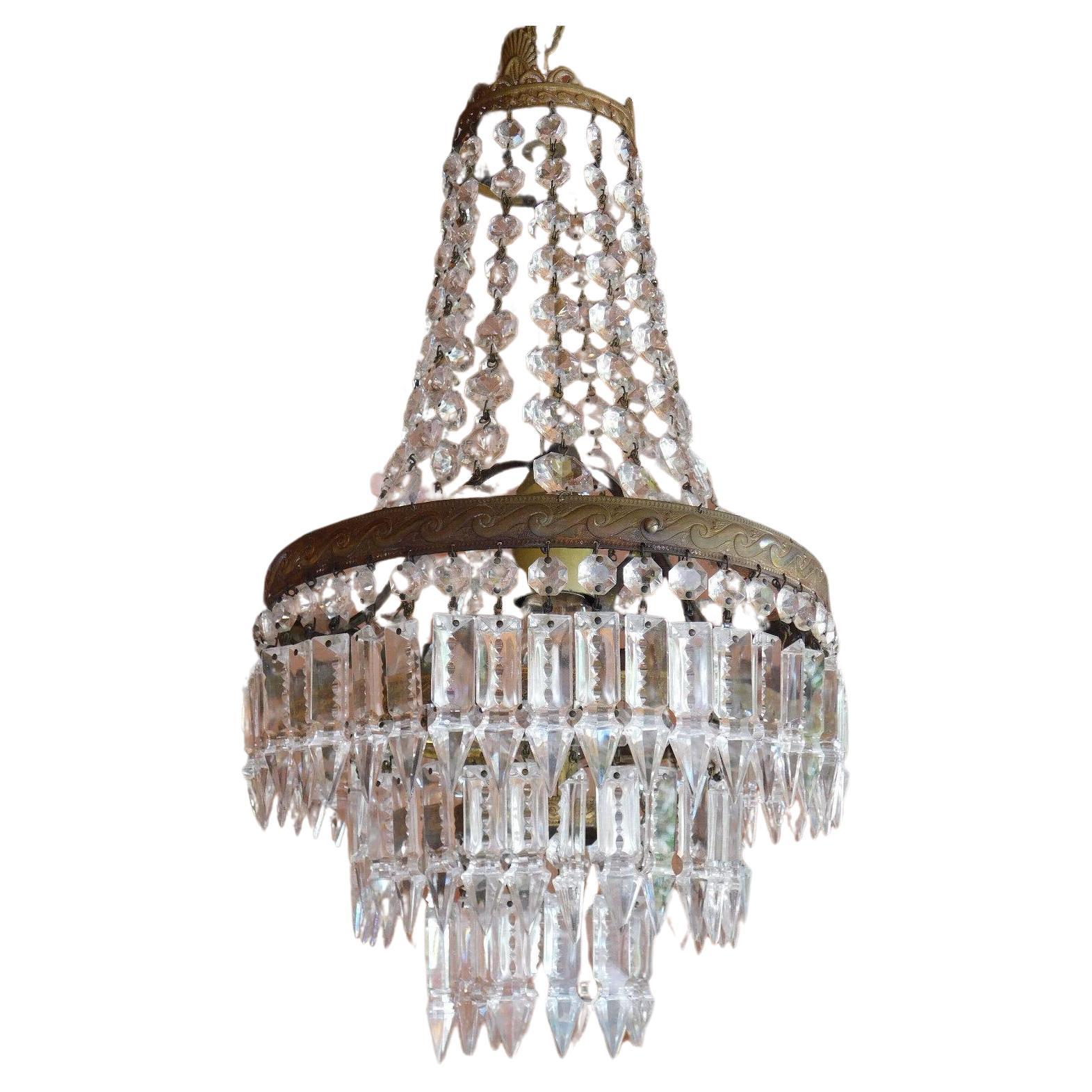 19thc Antique French Empire style Bronze & Cut Crystal Cascading Chandelier For Sale