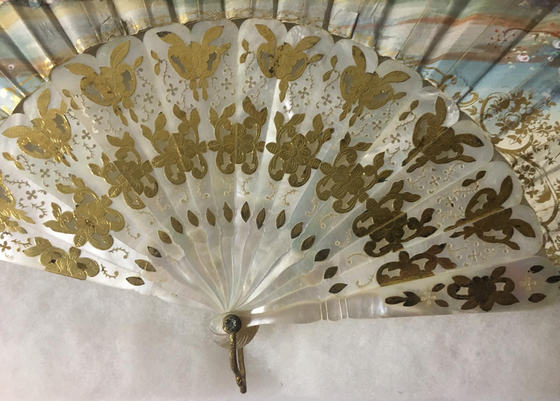 19thc Antique French Hand-Painted Double Sided Fan with Gilded Mother of Pearl For Sale 3