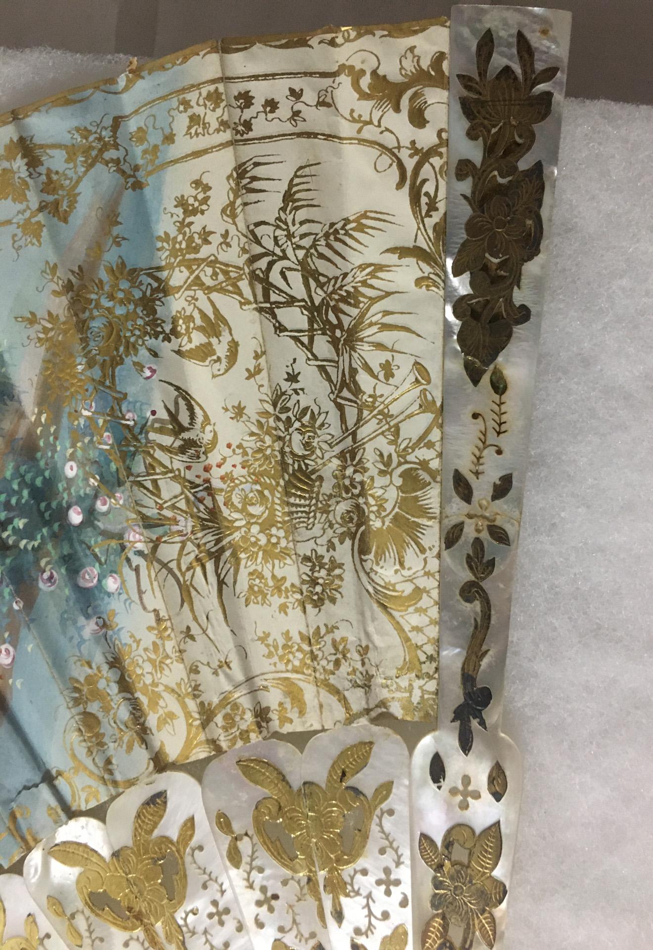 19thc Antique French Hand-Painted Double Sided Fan with Gilded Mother of Pearl For Sale 4
