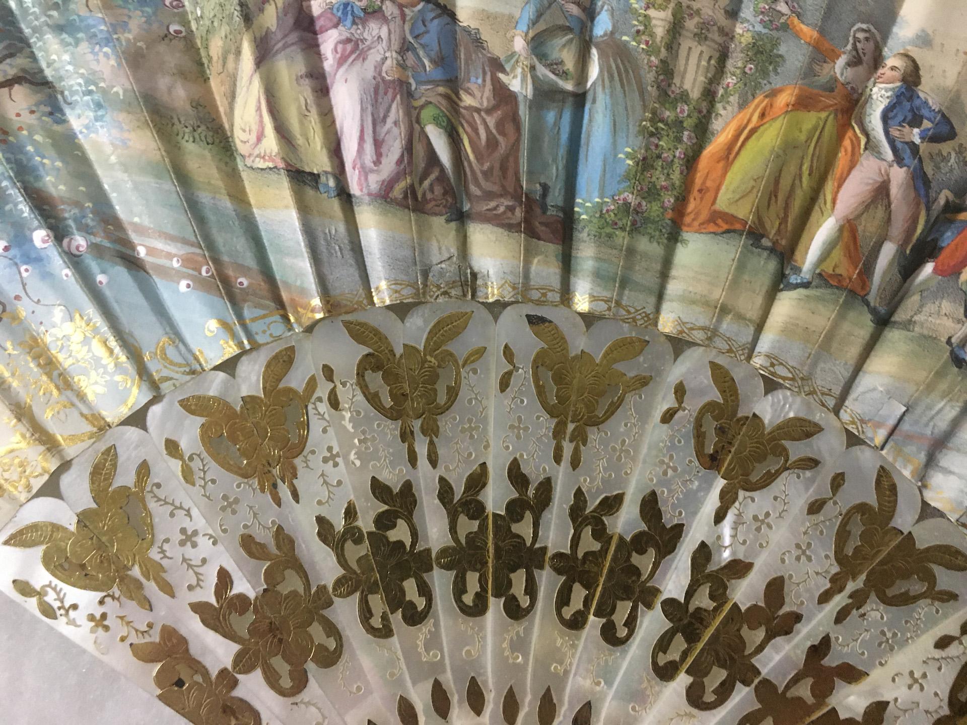 19thc Antique French Hand-Painted Double Sided Fan with Gilded Mother of Pearl For Sale 5