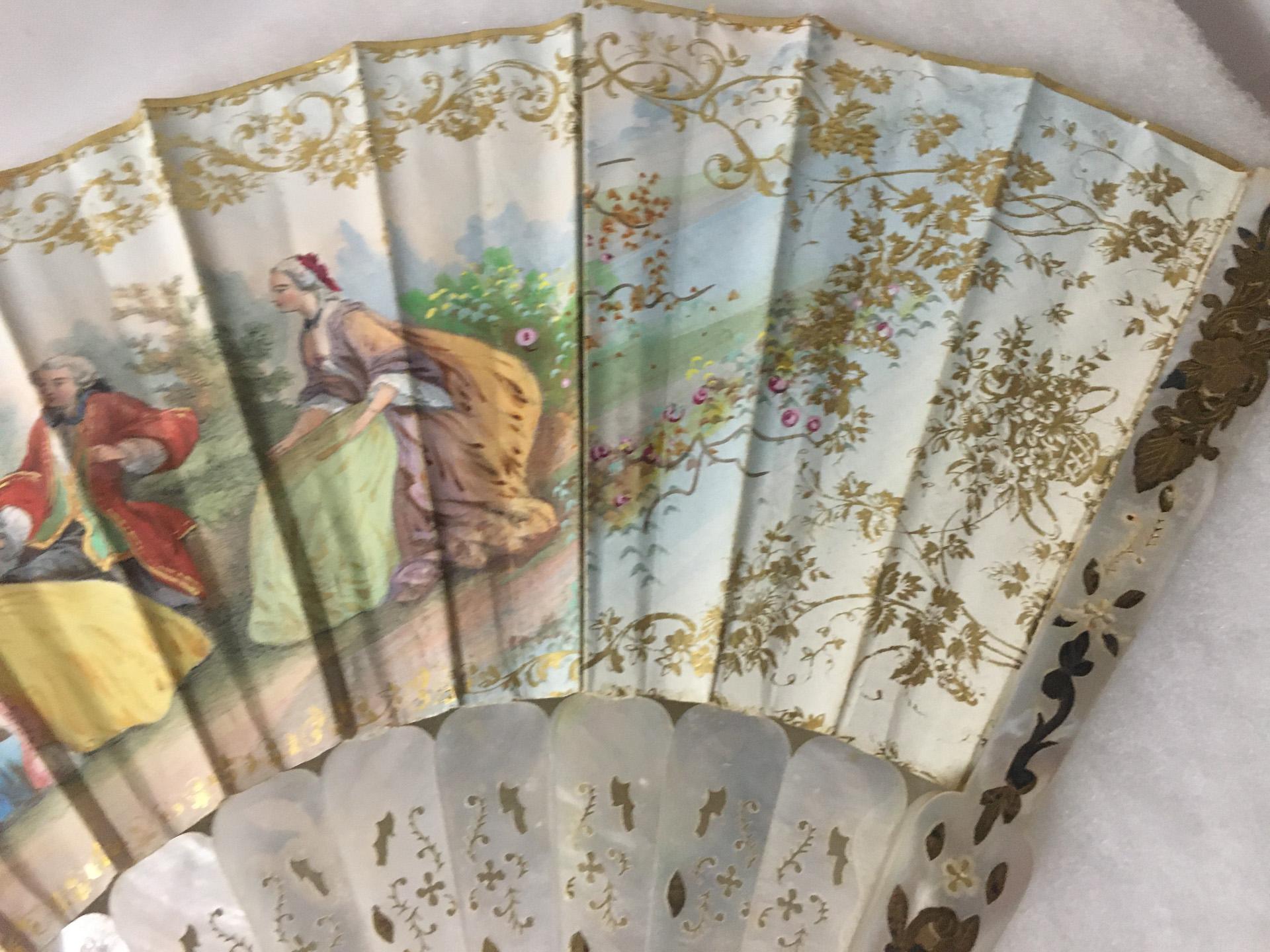 19thc Antique French Hand-Painted Double Sided Fan with Gilded Mother of Pearl For Sale 6