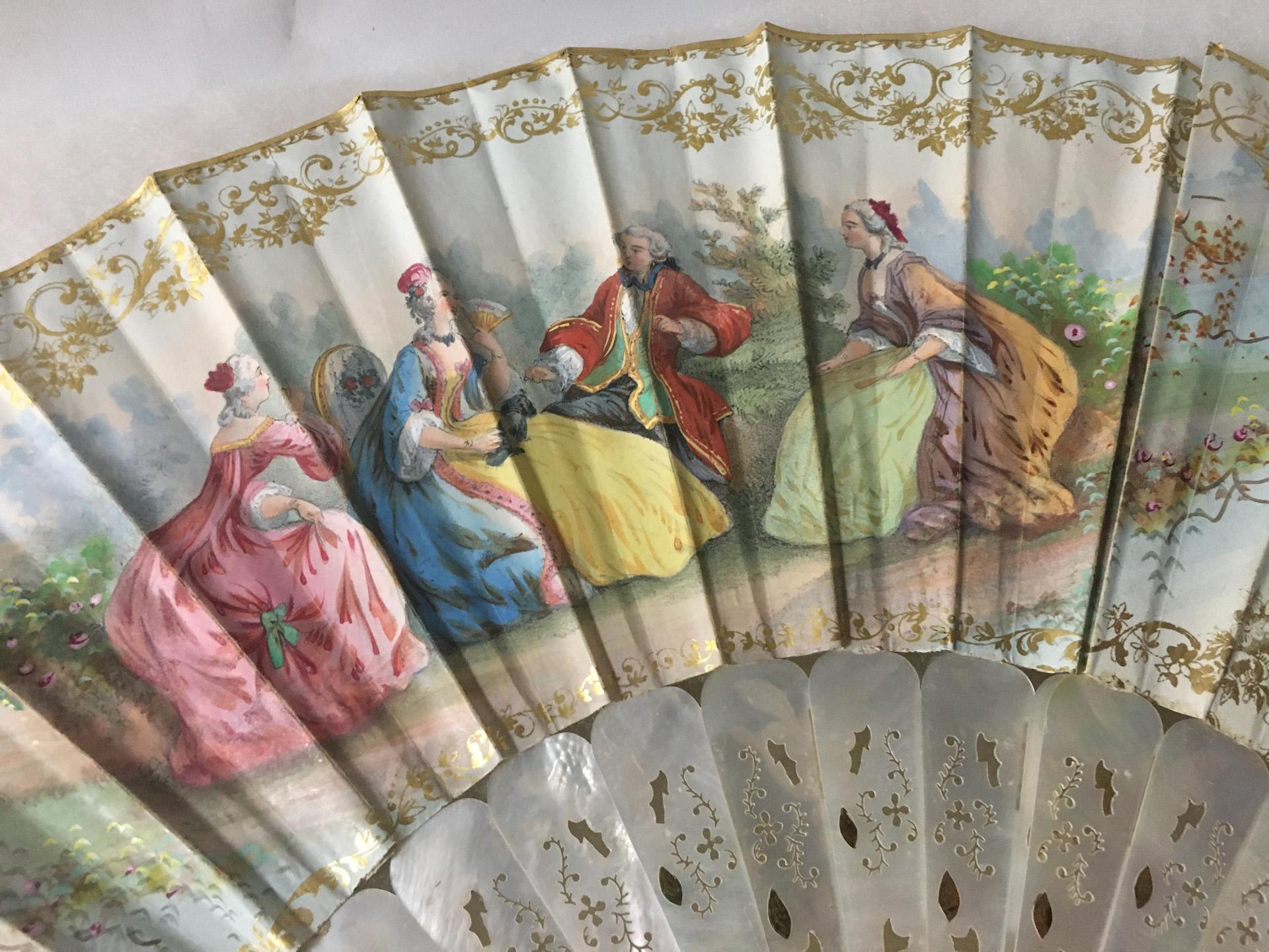 19thc Antique French Hand-Painted Double Sided Fan with Gilded Mother of Pearl For Sale 7