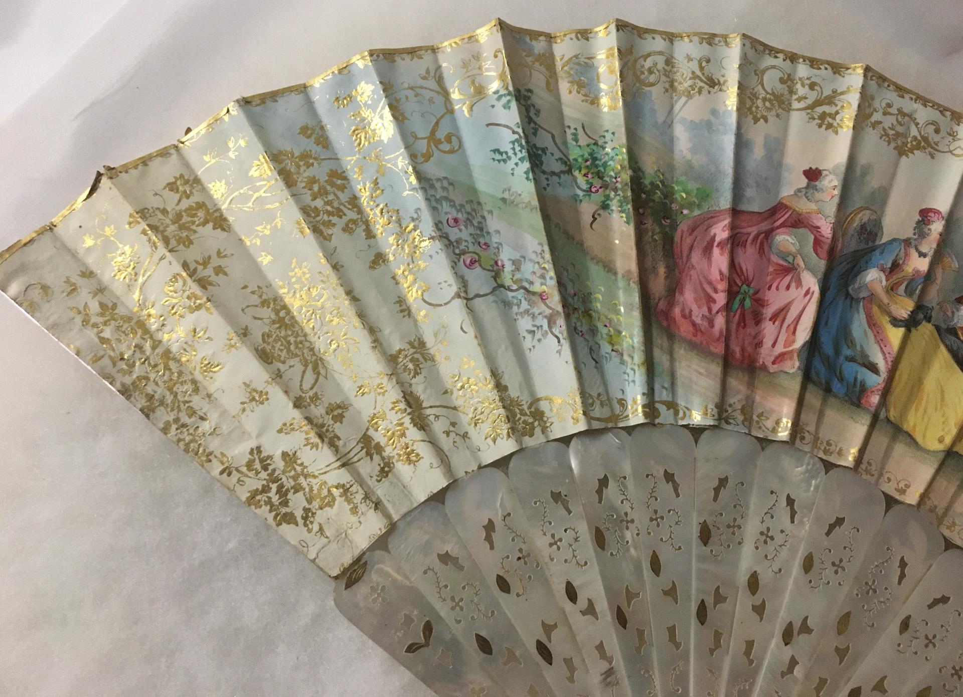 19thc Antique French Hand-Painted Double Sided Fan with Gilded Mother of Pearl For Sale 8