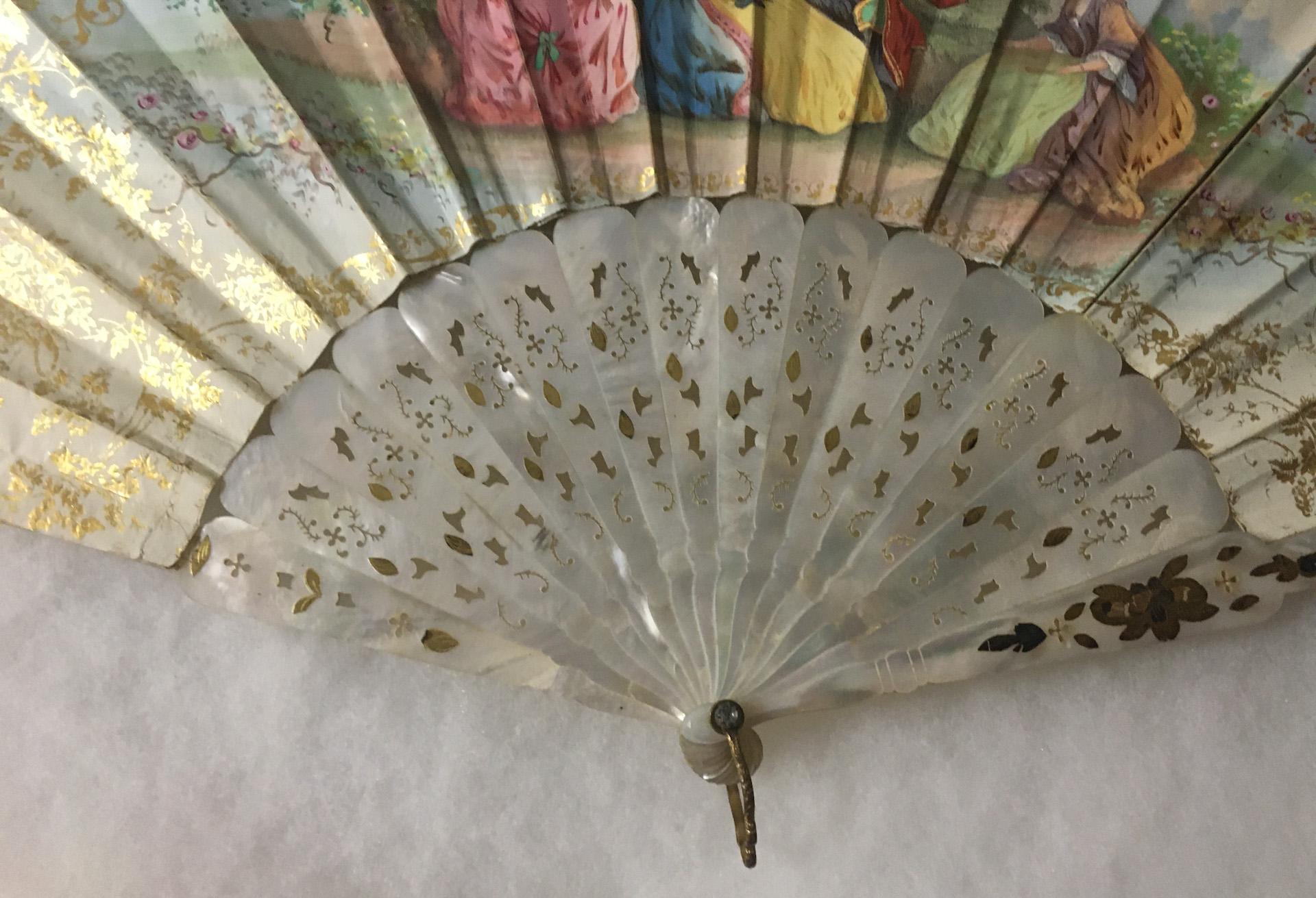 19thc Antique French Hand-Painted Double Sided Fan with Gilded Mother of Pearl For Sale 9