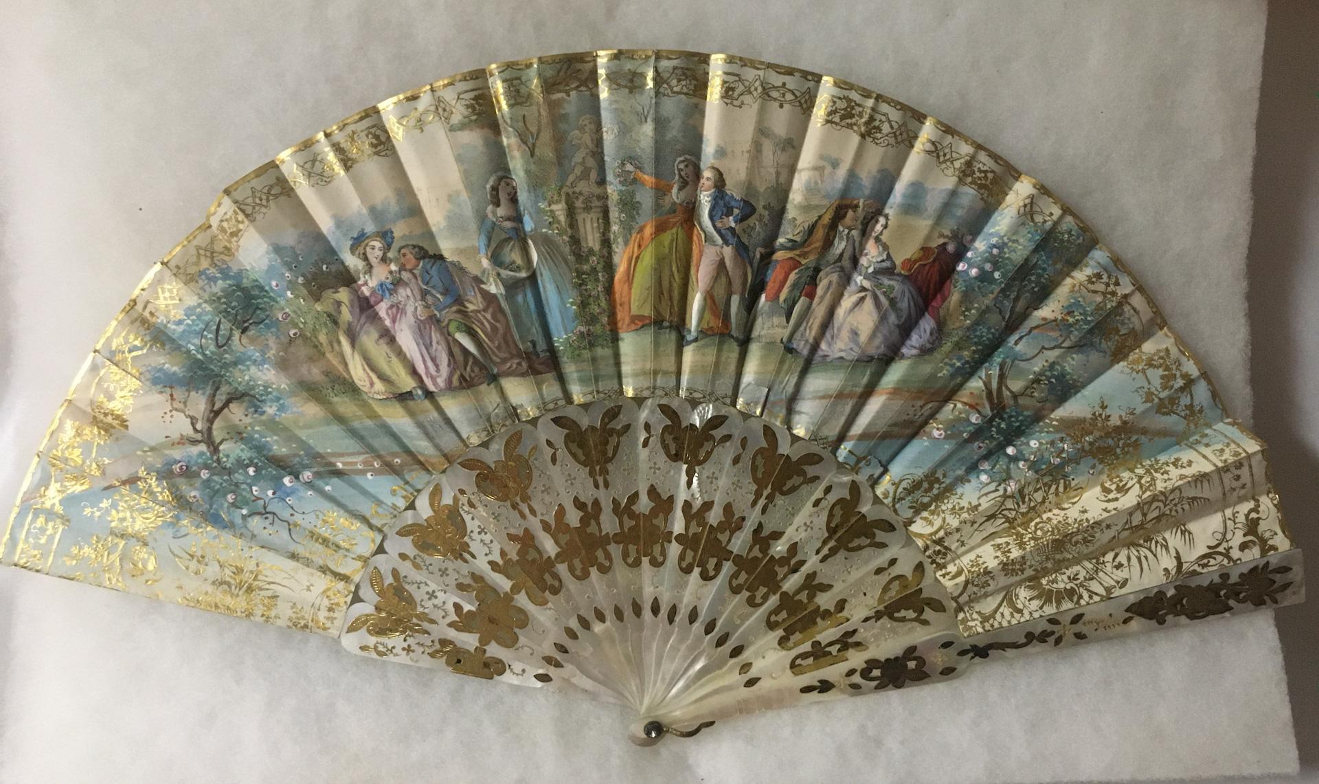 19thc Antique French Hand-Painted Double Sided Fan with Gilded Mother of Pearl For Sale 10