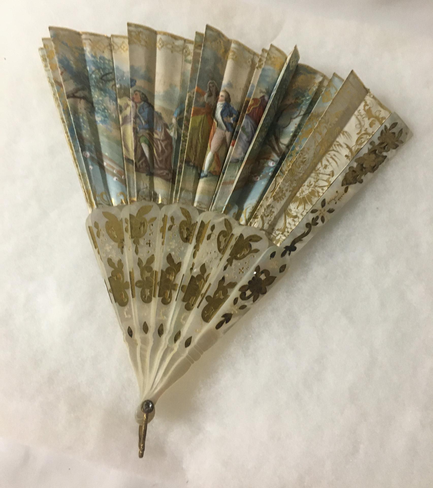 19thc Antique French Hand-Painted Double Sided Fan with Gilded Mother of Pearl For Sale 11